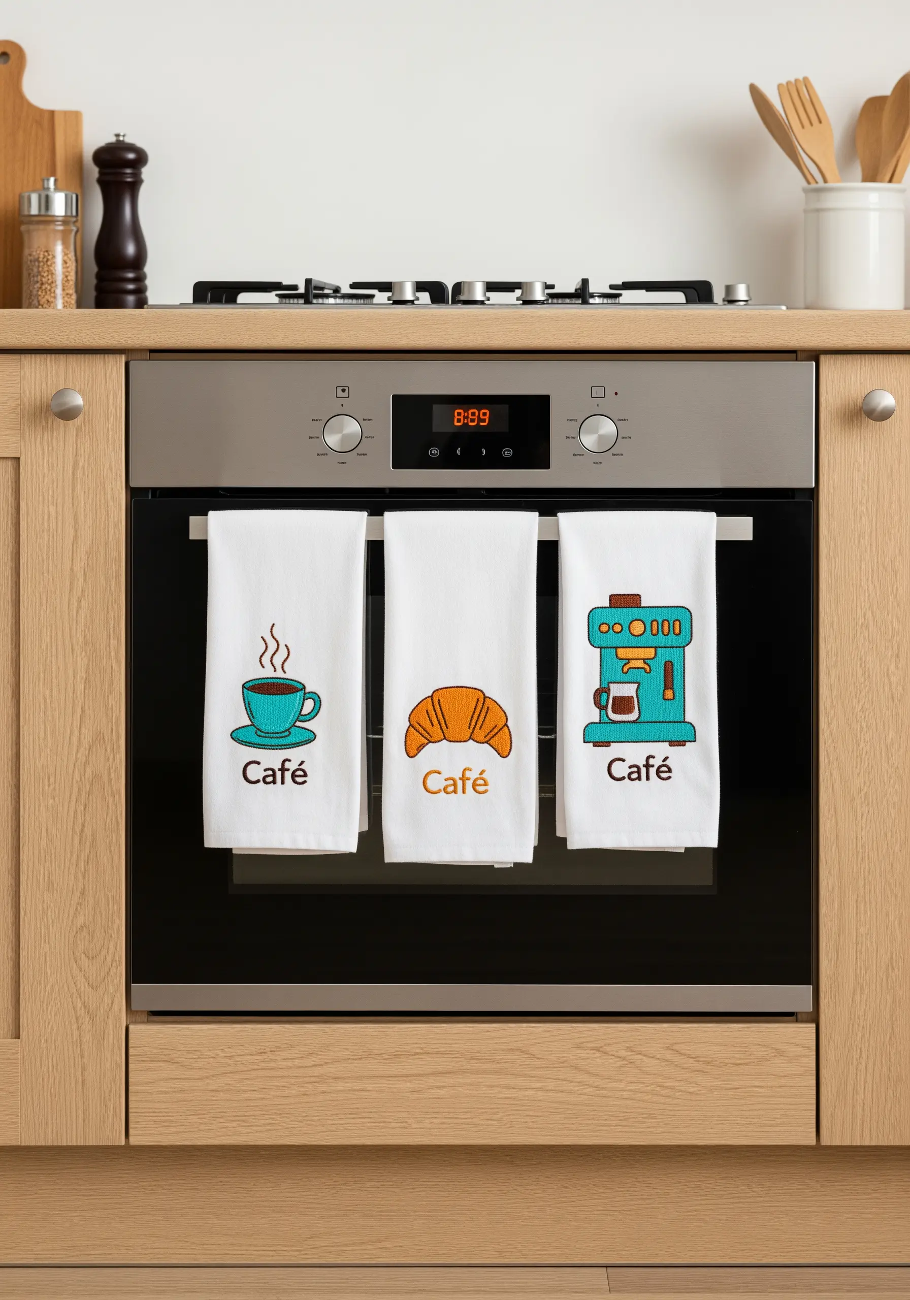 Three kitchen towels with graphic, cartoon-style embroidery of a coffee cup, croissant, and espresso machine.