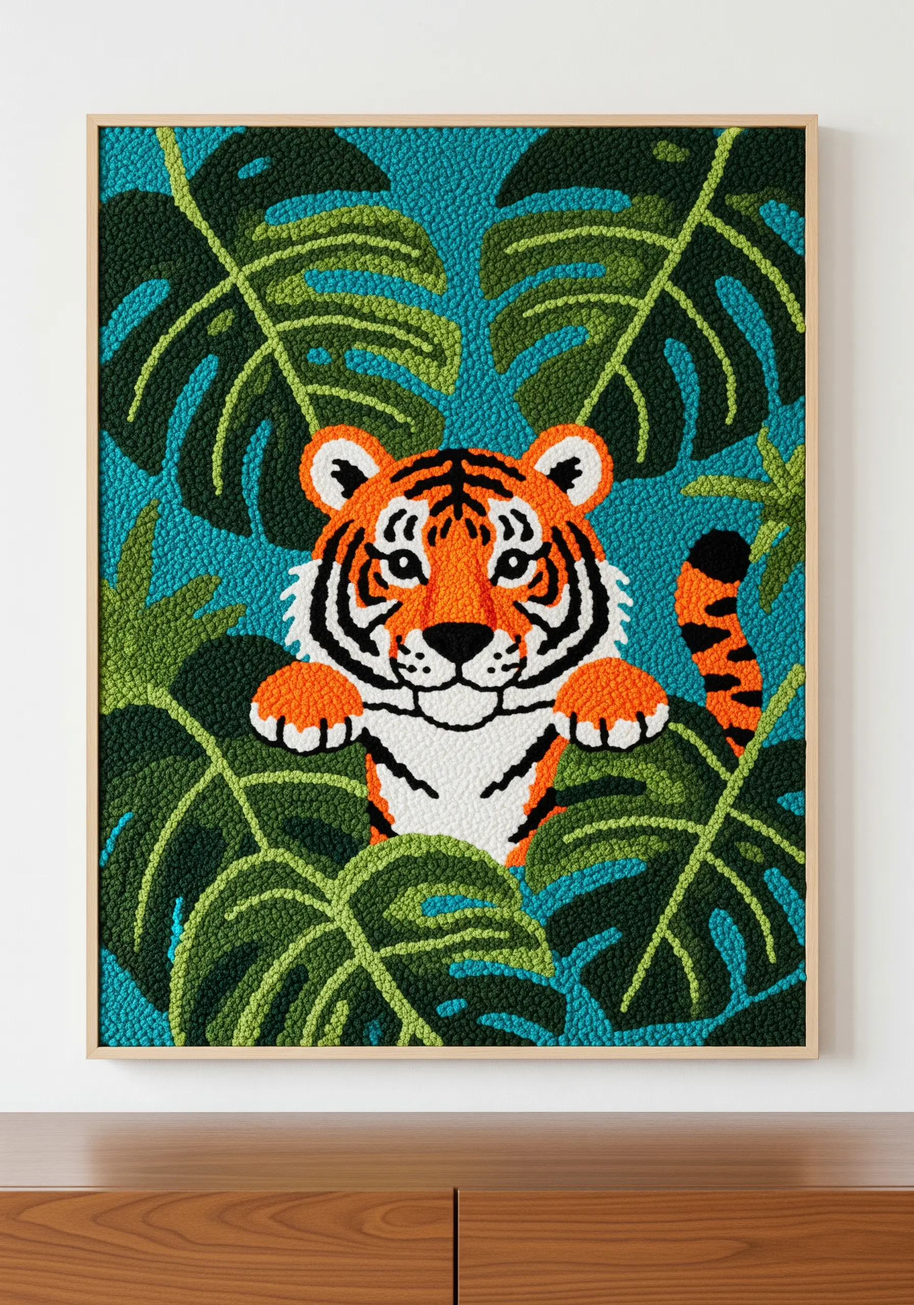 A framed punch needle piece of a tiger peeking through large green jungle leaves.