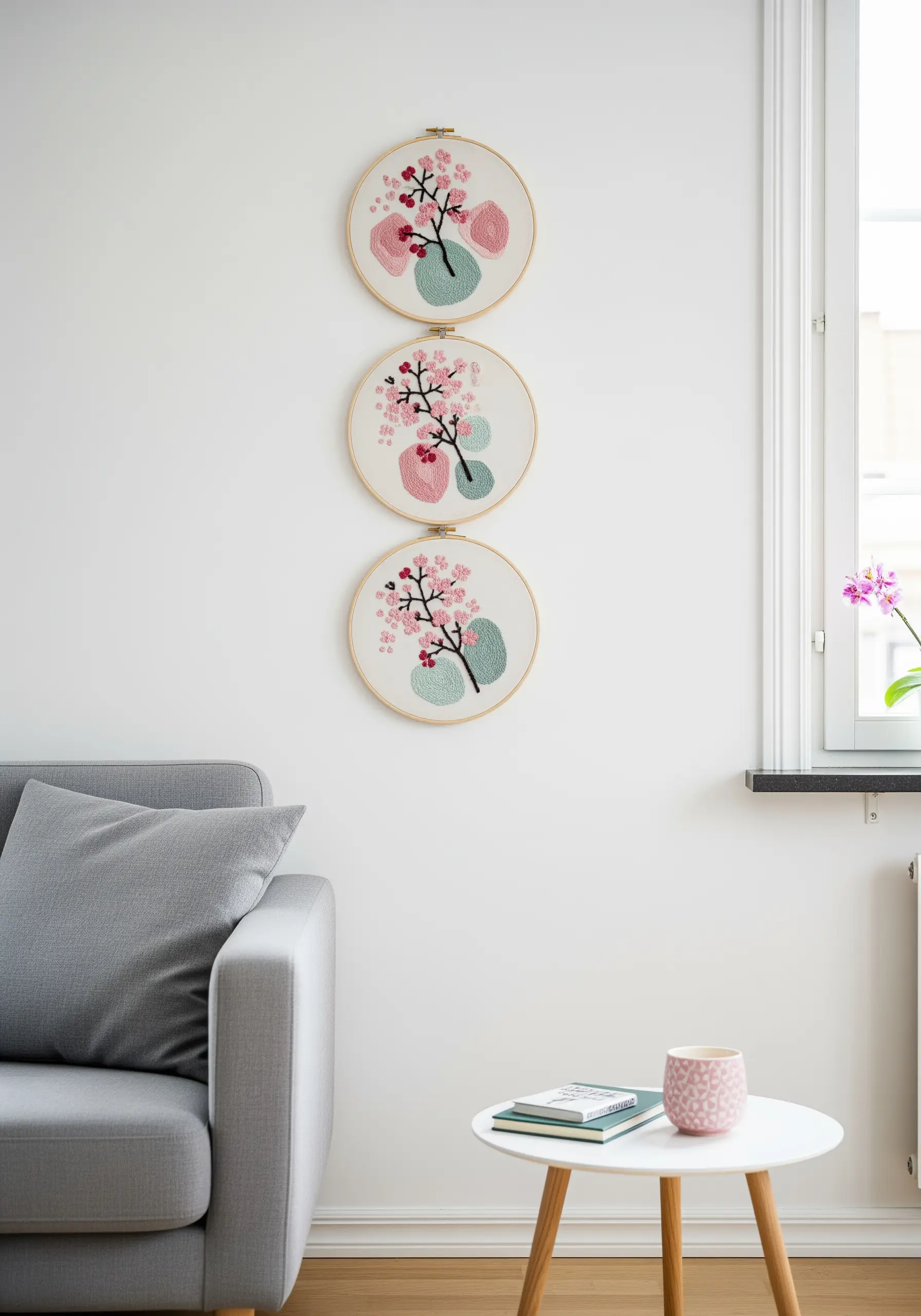 A trio of embroidery hoops with cherry blossoms and abstract color blocks