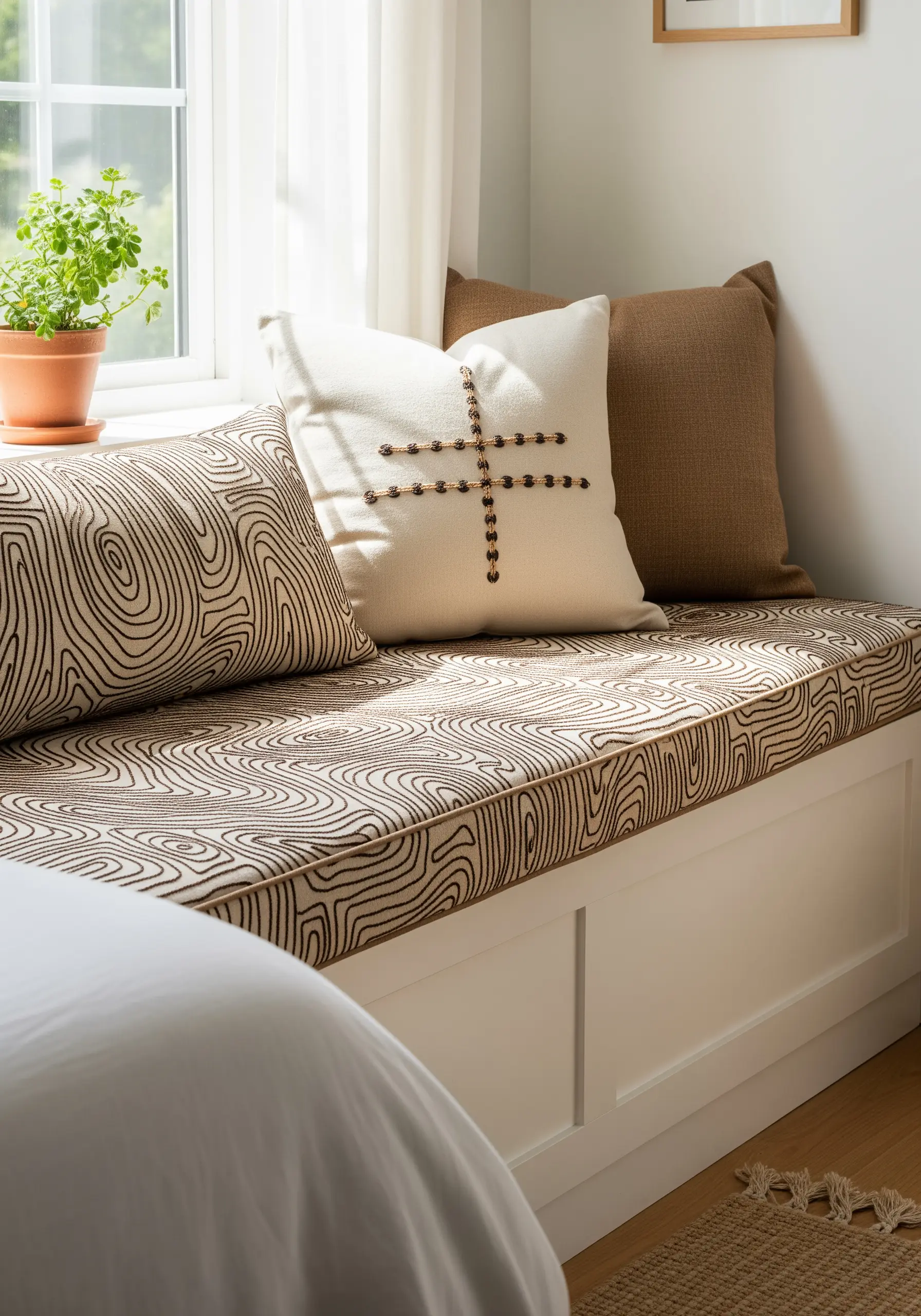 Matching topographic embroidery patterns on a window seat cushion and throw pillows.