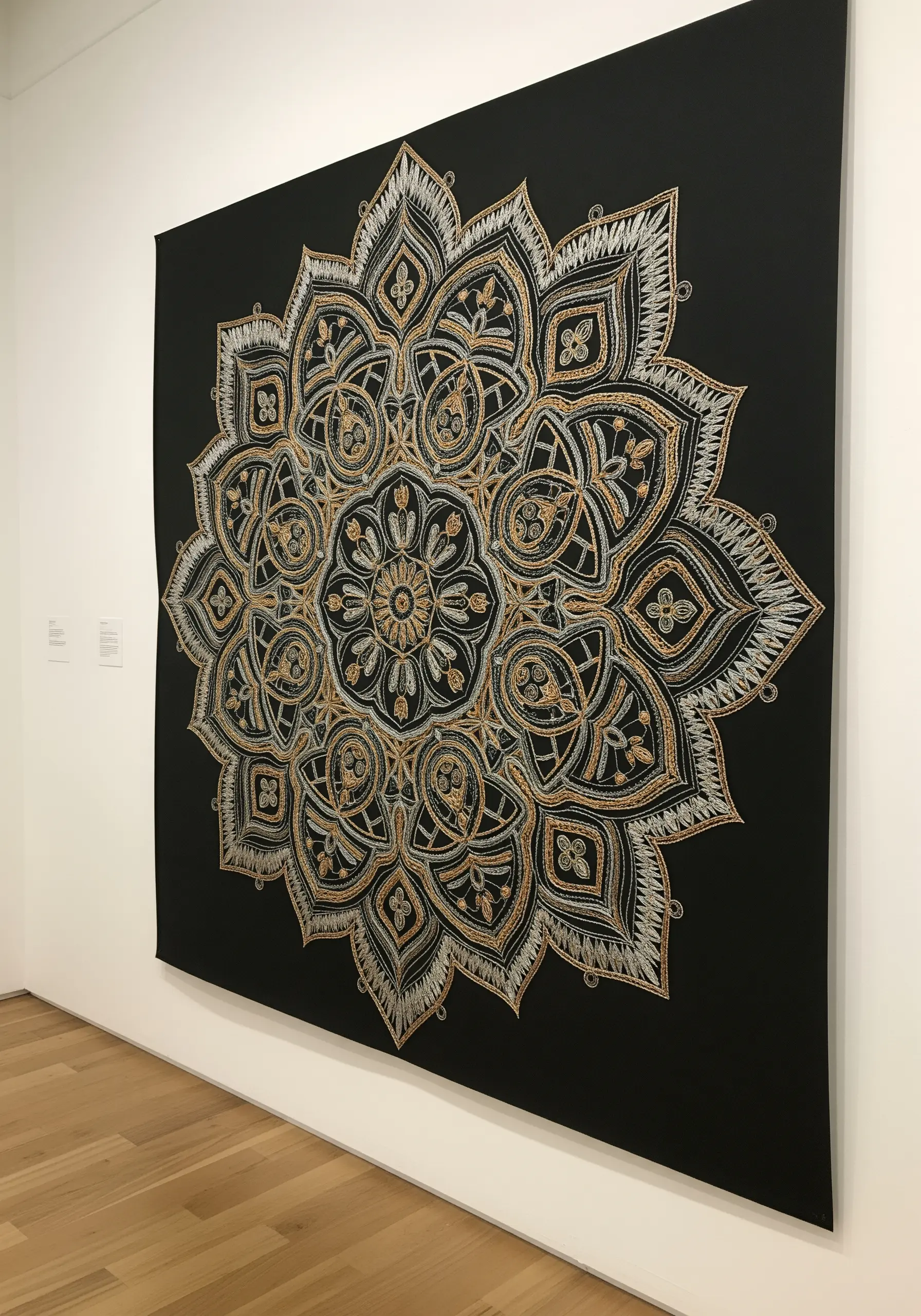 A large, intricate black and white and gold embroidered mandala stretched like a canvas on a wall.