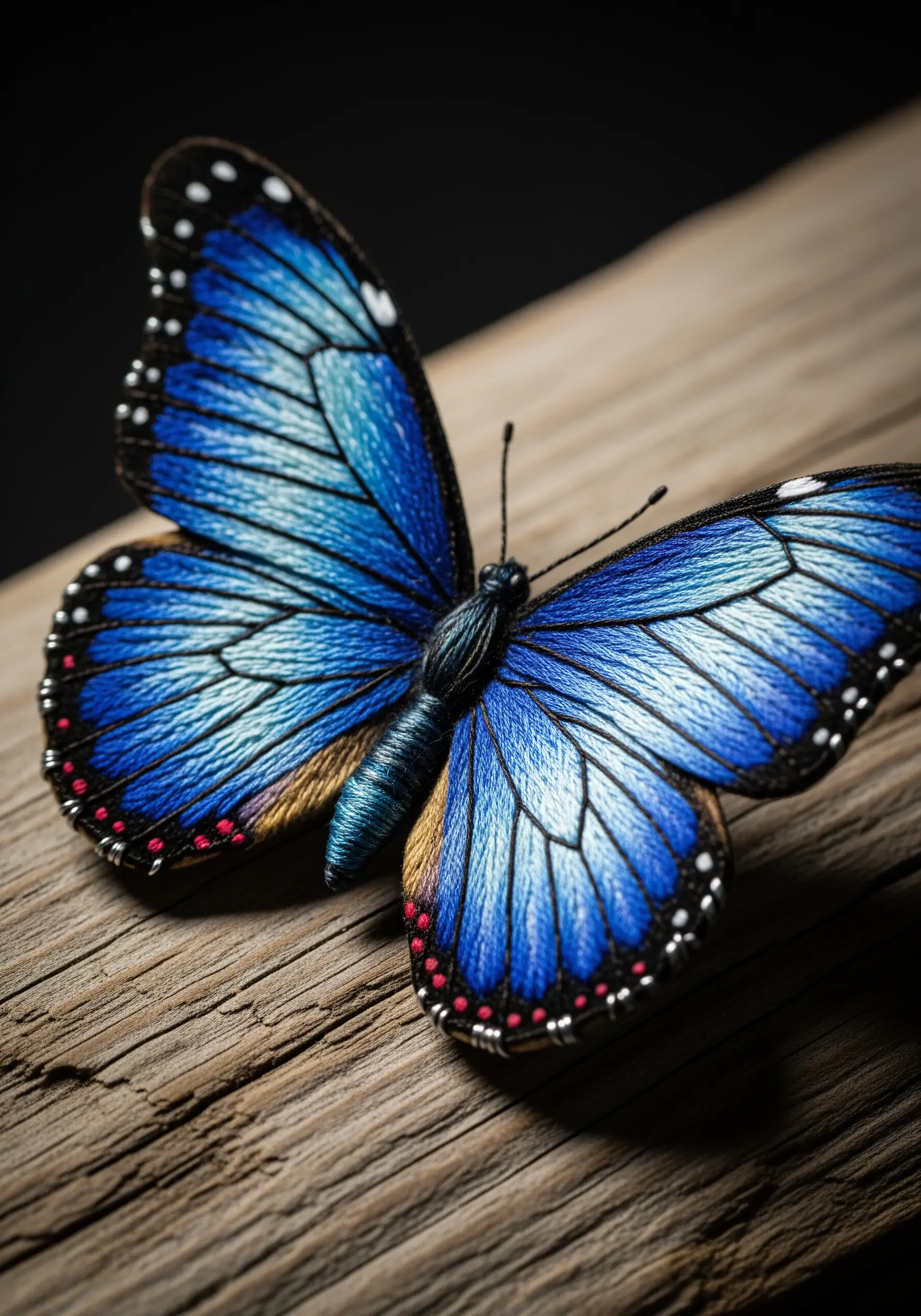 A stunningly realistic 3D embroidered blue butterfly, created with stumpwork and thread painting.