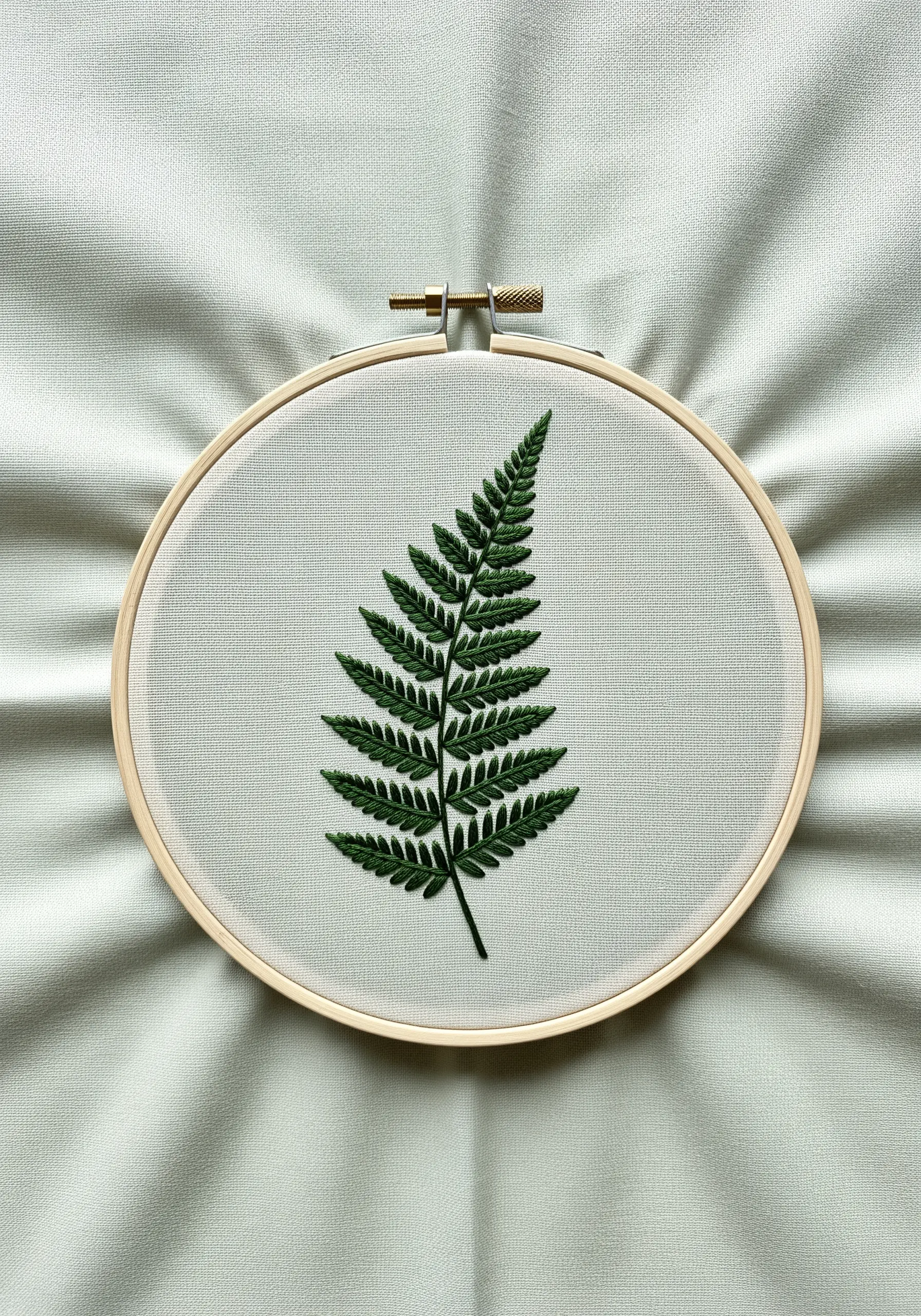 A single, realistic fern frond embroidered in dark green using fishbone stitch.