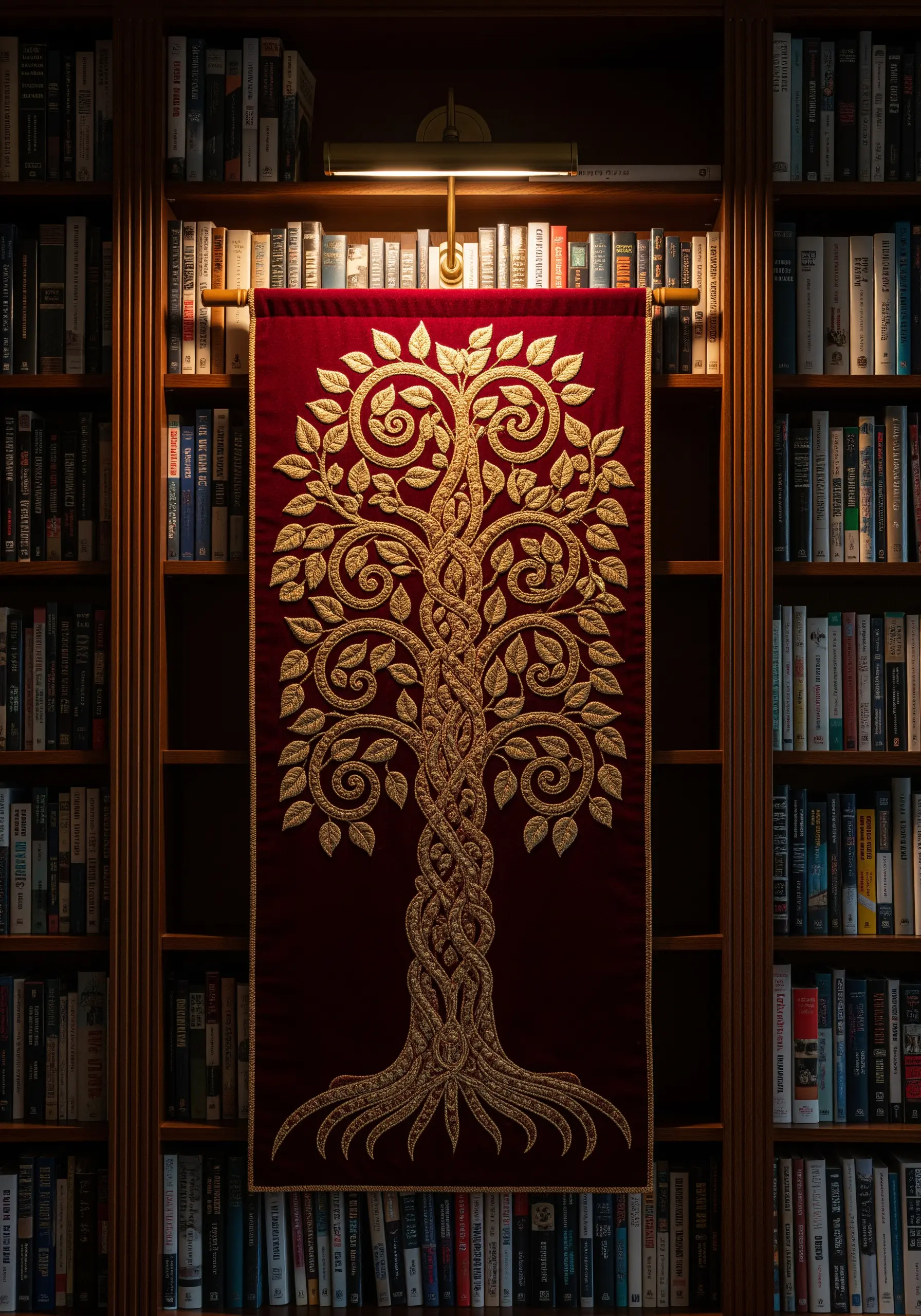 An ornate golden Tree of Life embroidered on a deep red velvet wall hanging.
