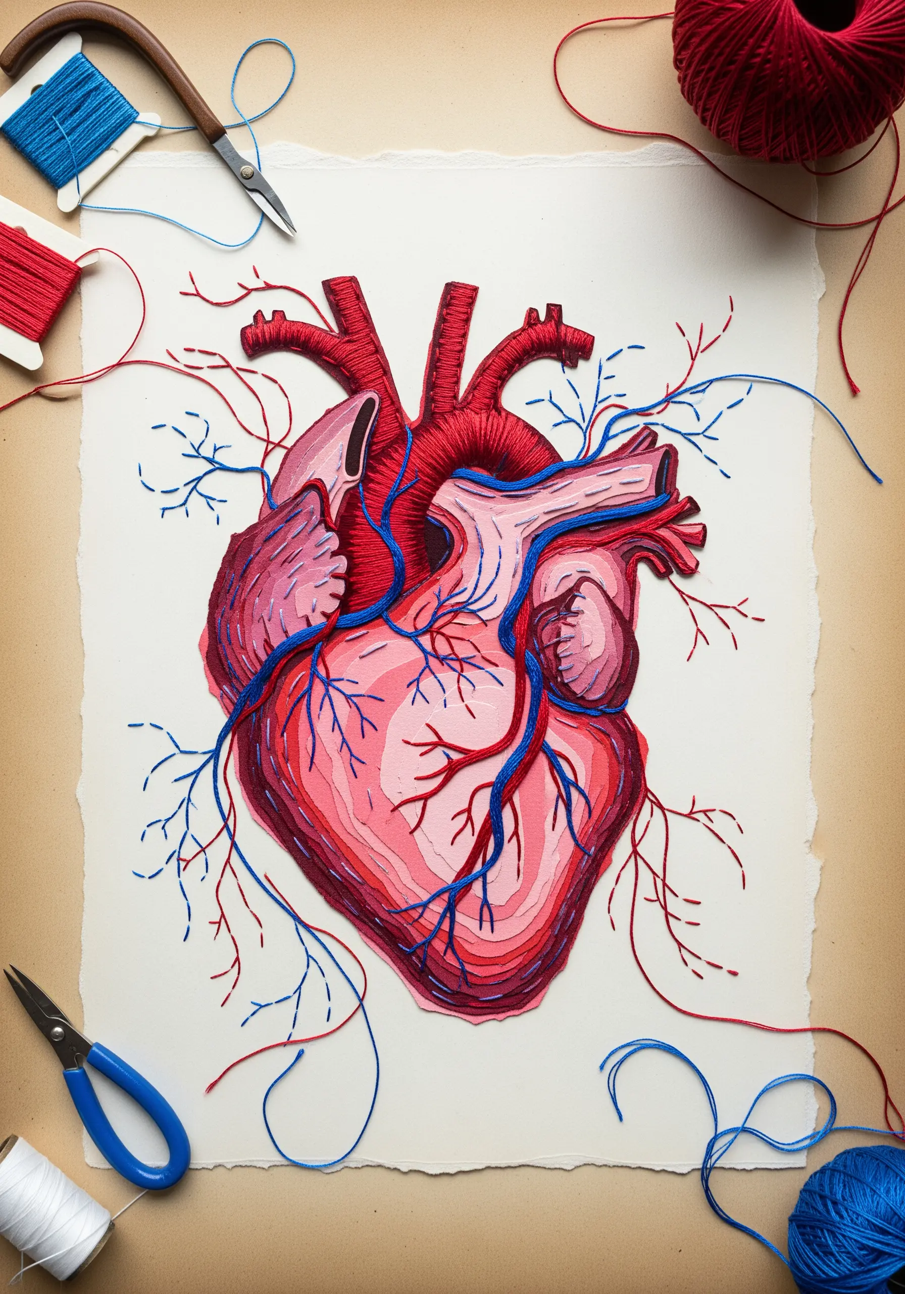 An anatomical heart made from layered paper with red and blue threads stitched as veins.
