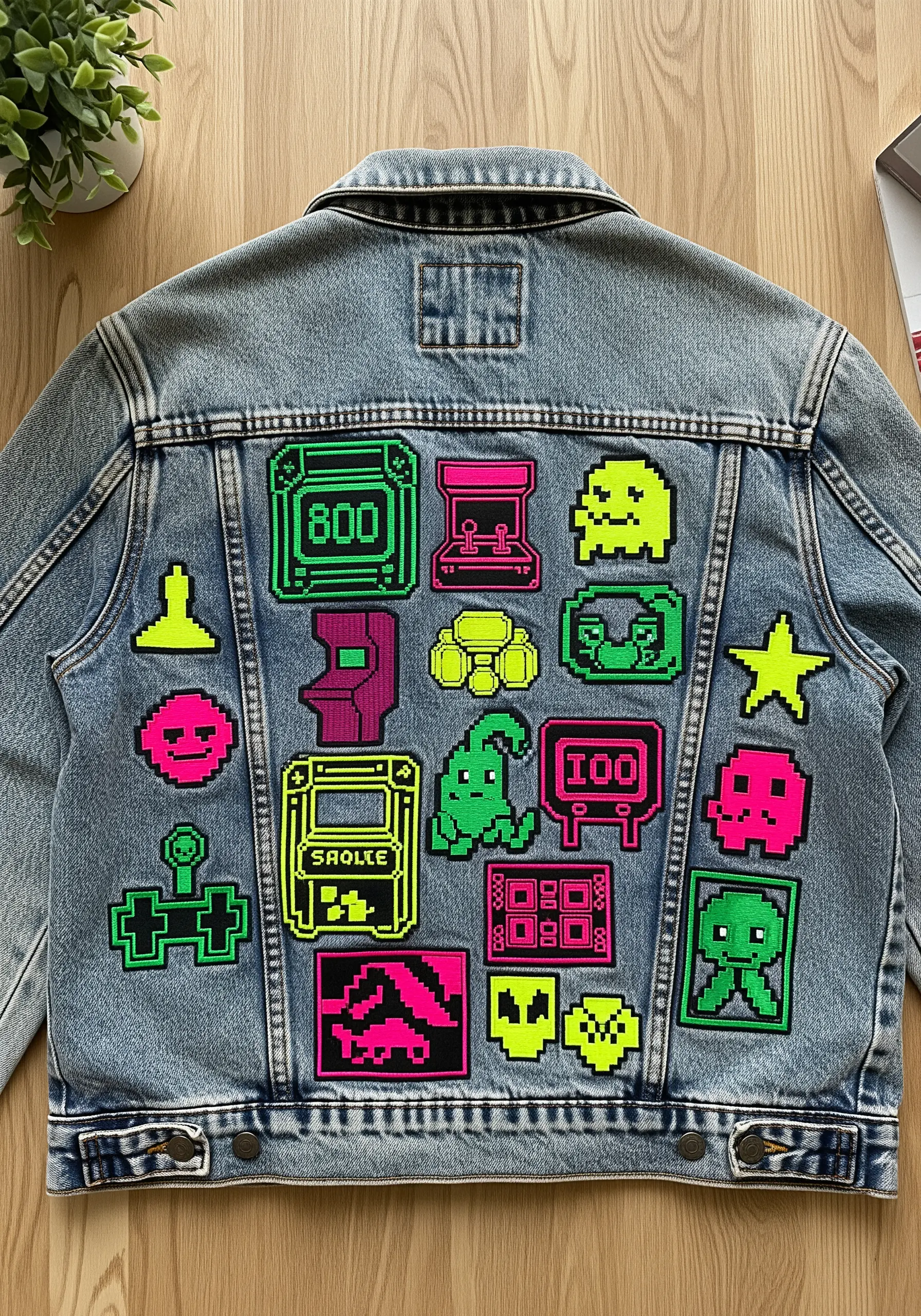 A collection of neon-colored, 8-bit pixel art patches on the back of a light wash denim jacket.