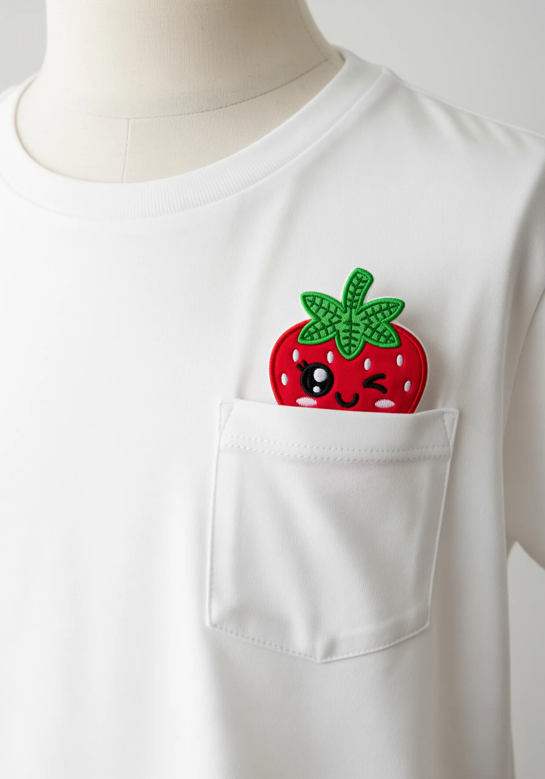 A winking cartoon strawberry embroidered to look like it's peeking out of a white t-shirt pocket