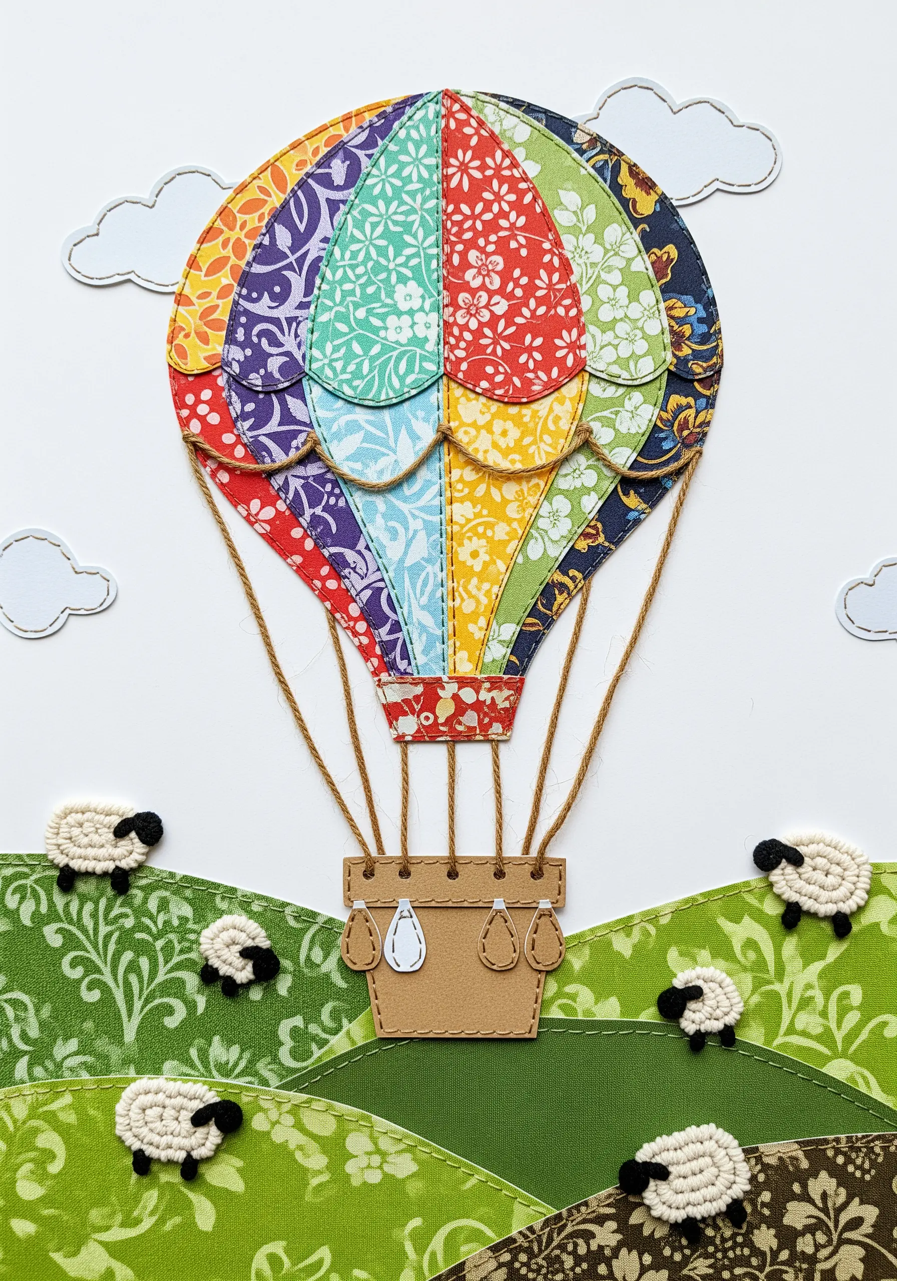 A fabric collage of a hot air balloon with small sheep made with fuzzy Turkey work.