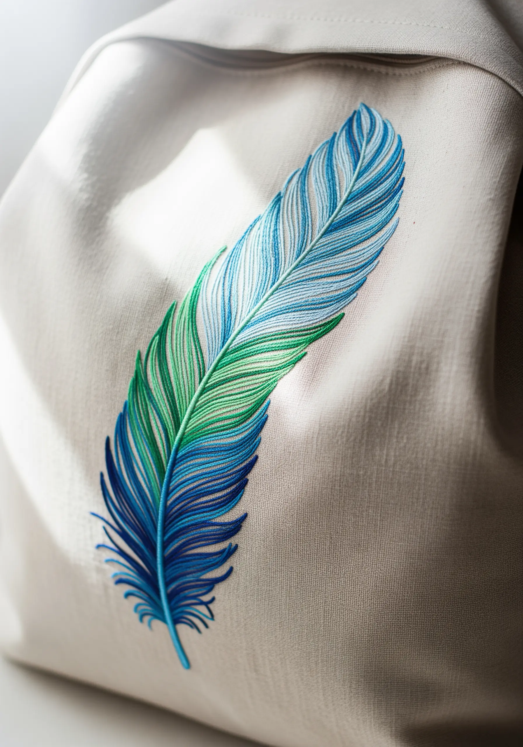 A beautifully blended feather in shades of blue and green embroidered on a canvas bag.