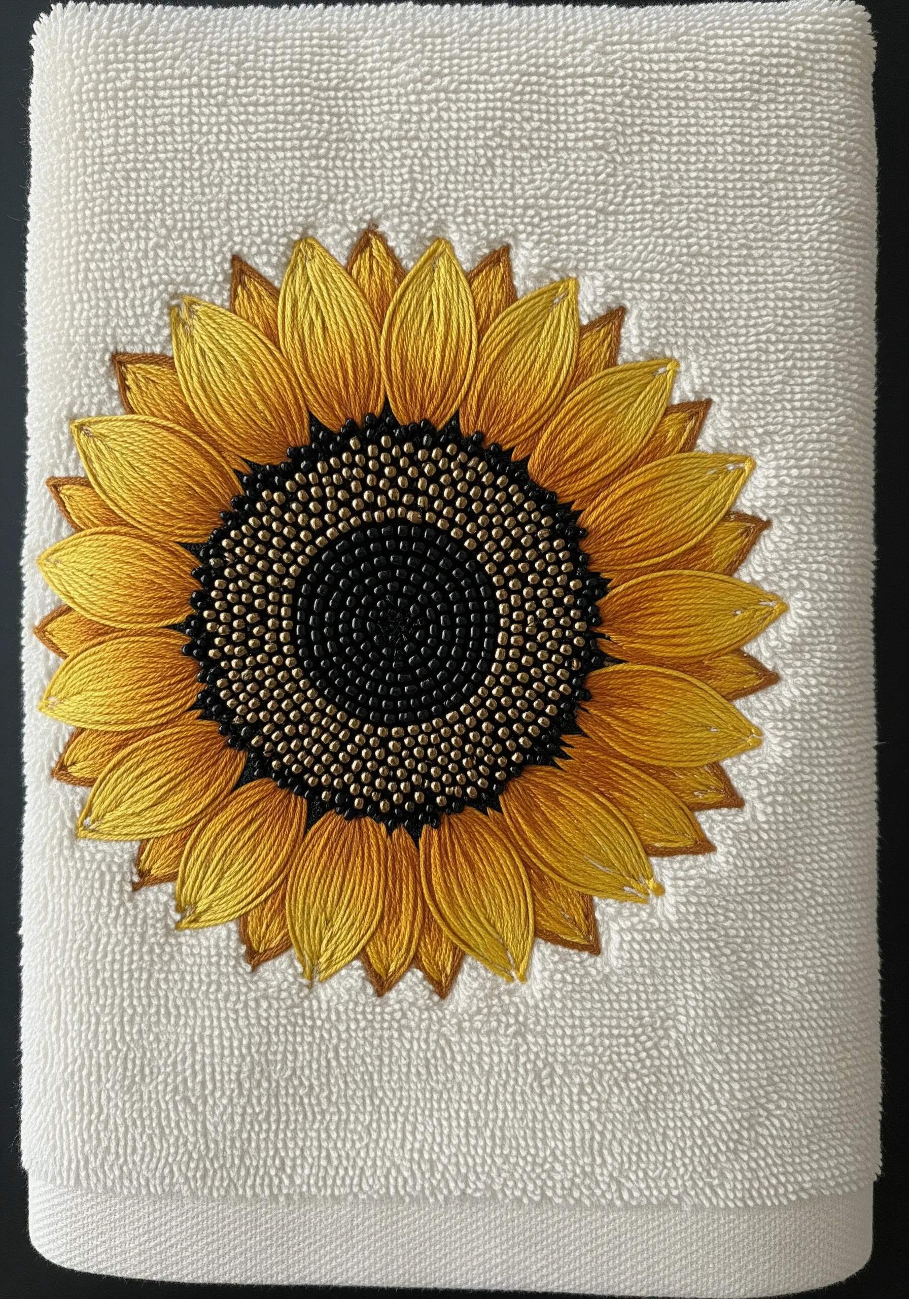 A close-up of an embroidered sunflower on a terrycloth towel, with its center filled with tiny beads