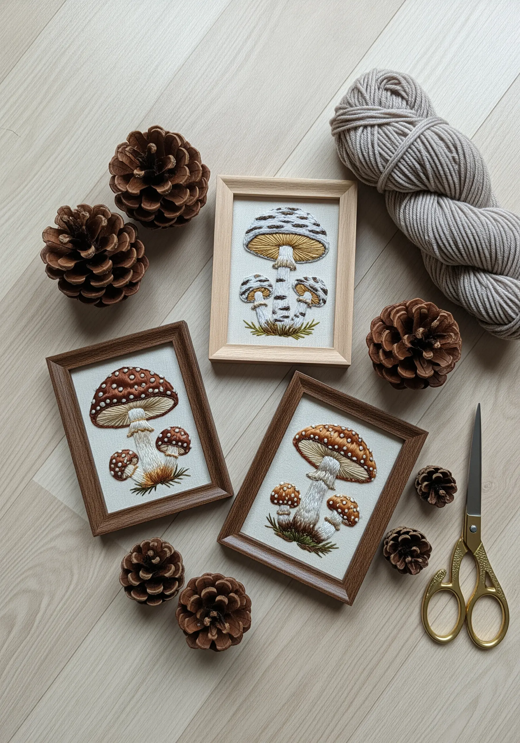 Three small framed embroideries of detailed mushrooms, showcasing textural stitching.