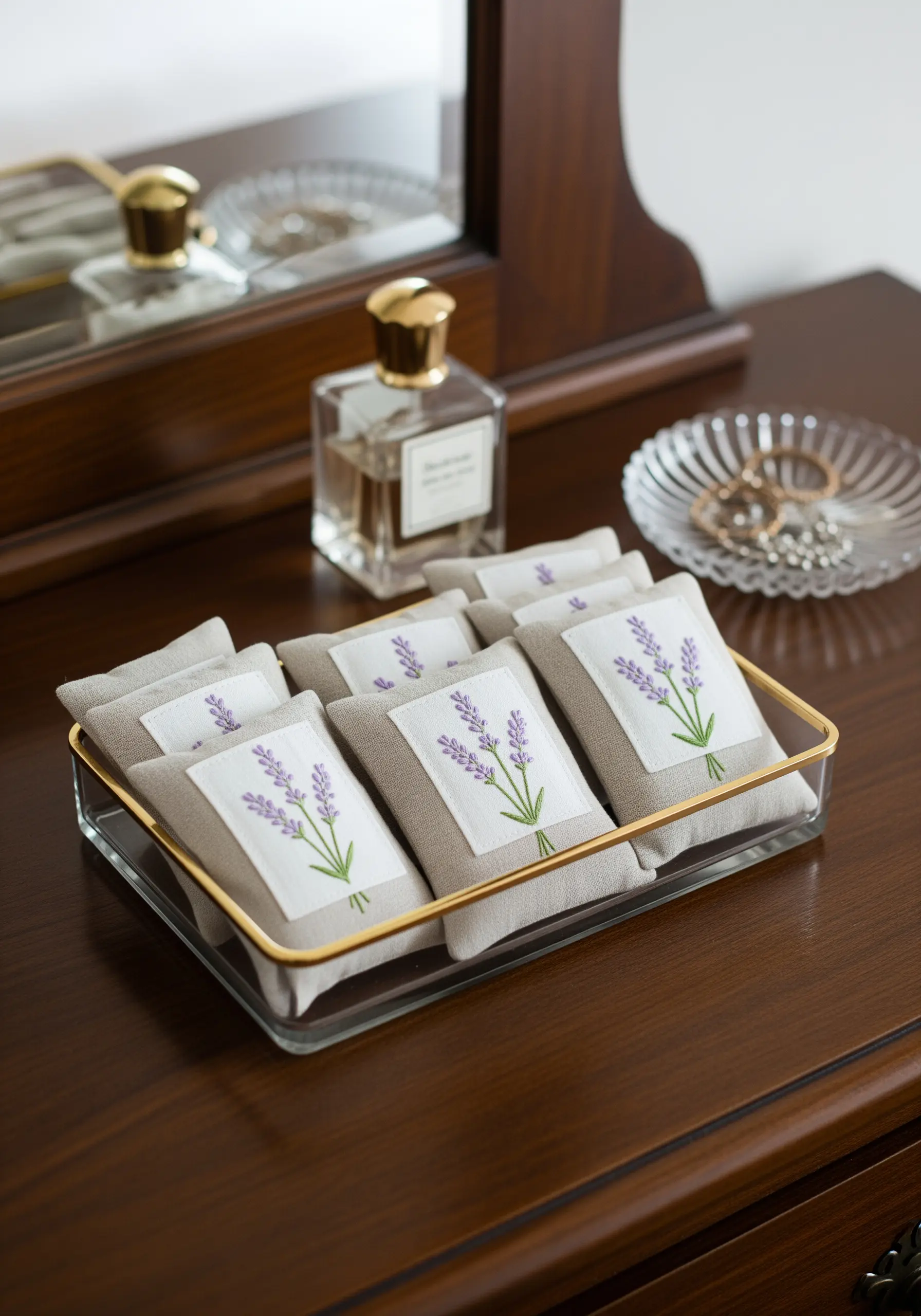 A collection of small linen sachets, each embroidered with a lavender sprig, arranged in a tray.