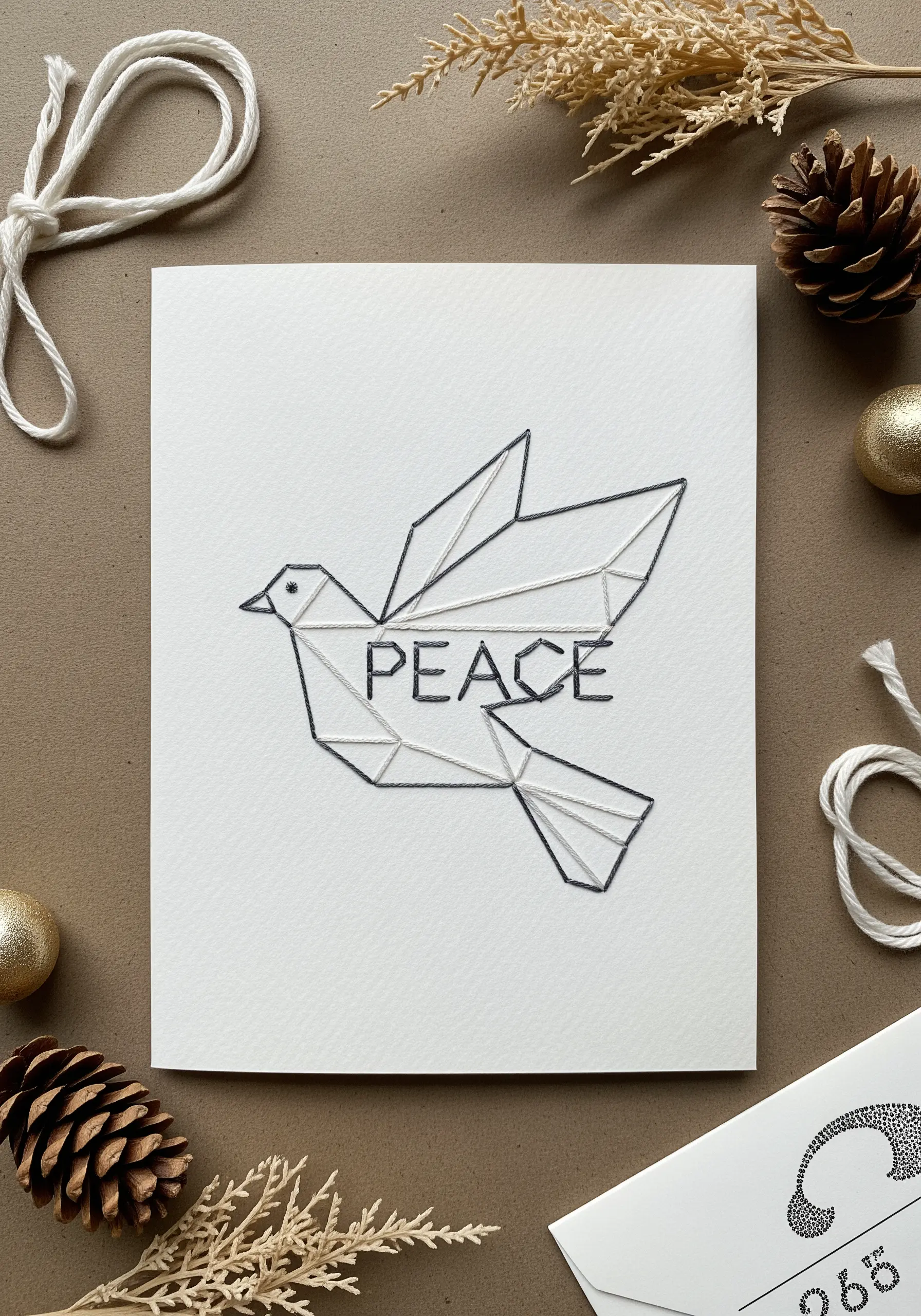 Geometric peace dove embroidered on paper, with filled sections of straight stitches.