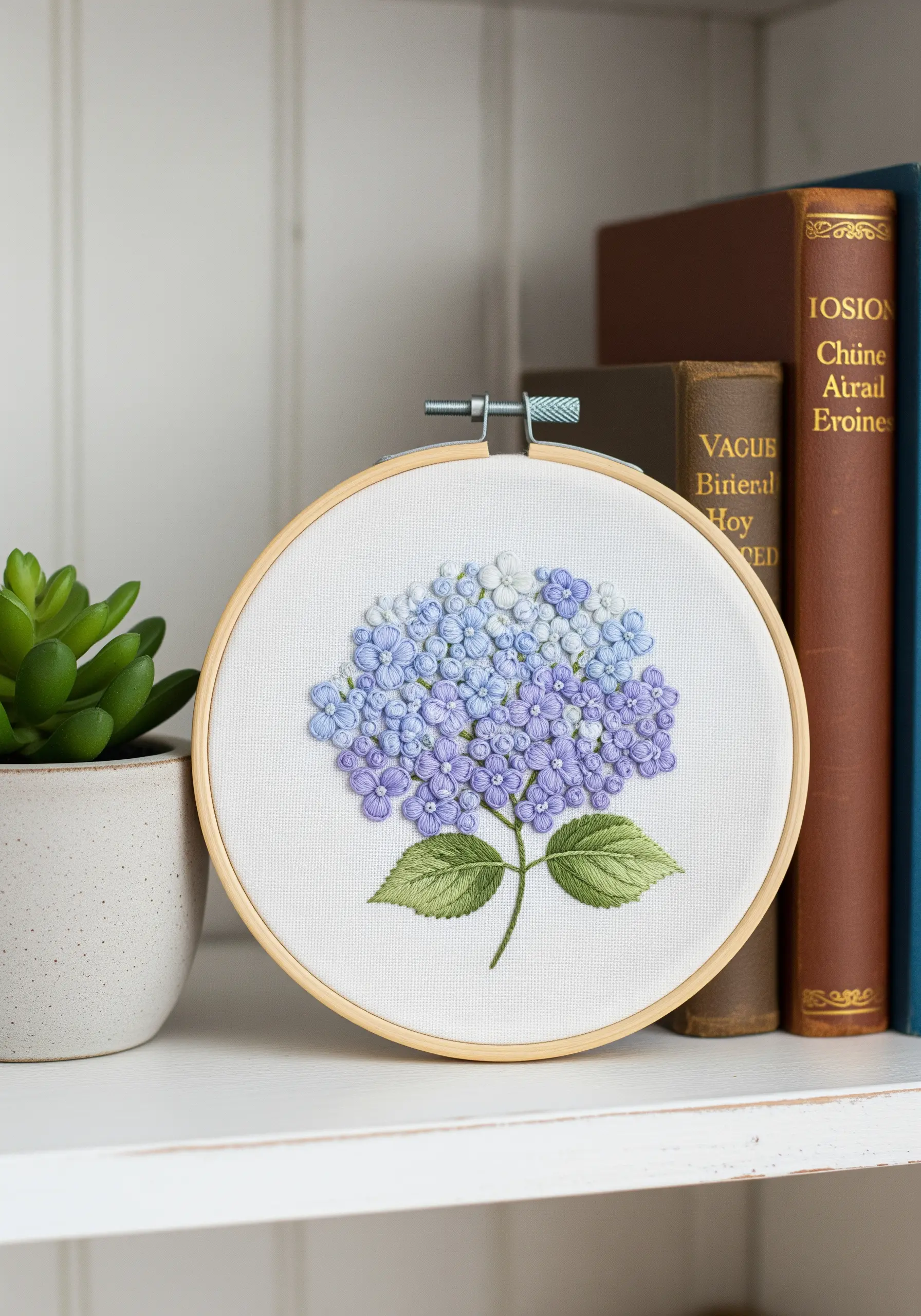 Hydrangea blossom made of blue and purple French knots on white fabric, displayed on a bookshelf.