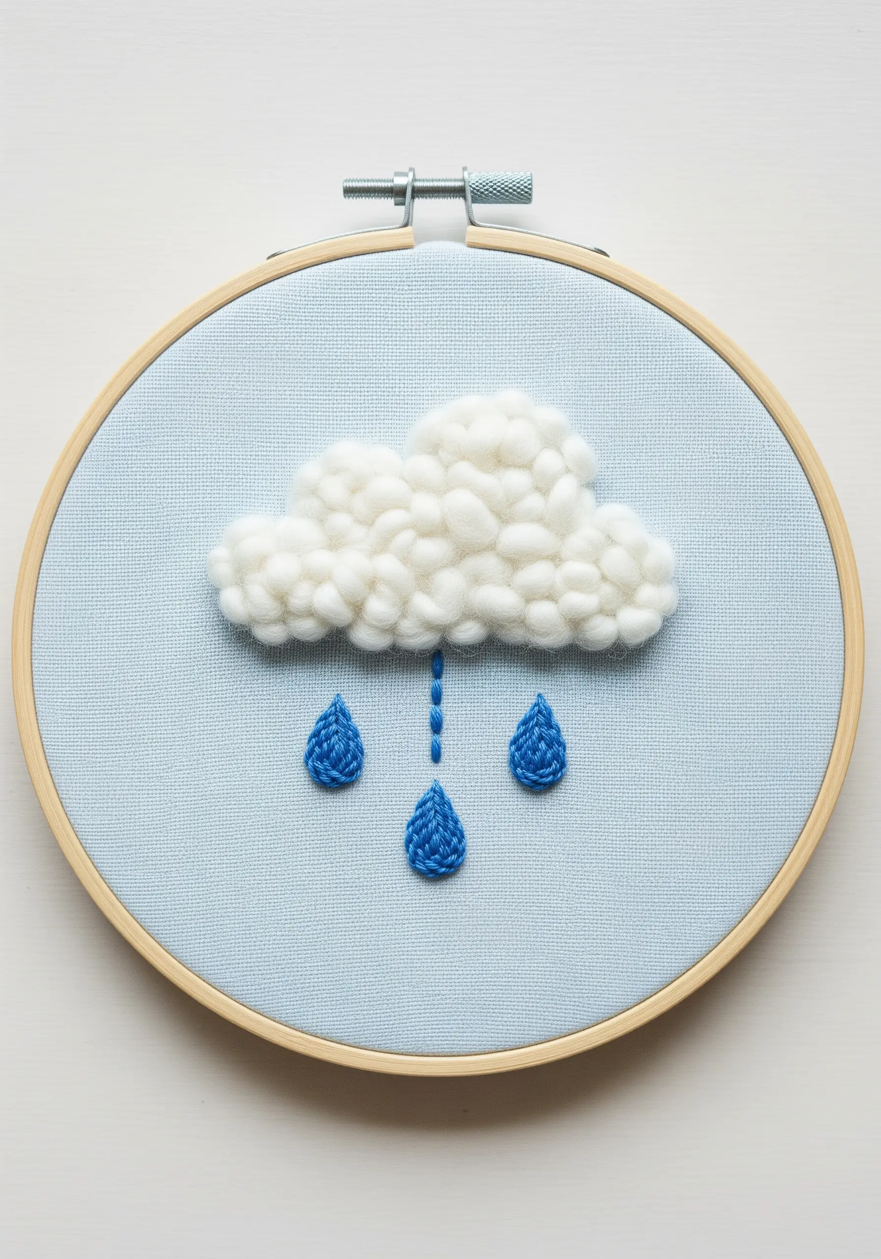 A fluffy white cloud made from wool roving, with blue embroidered raindrops.