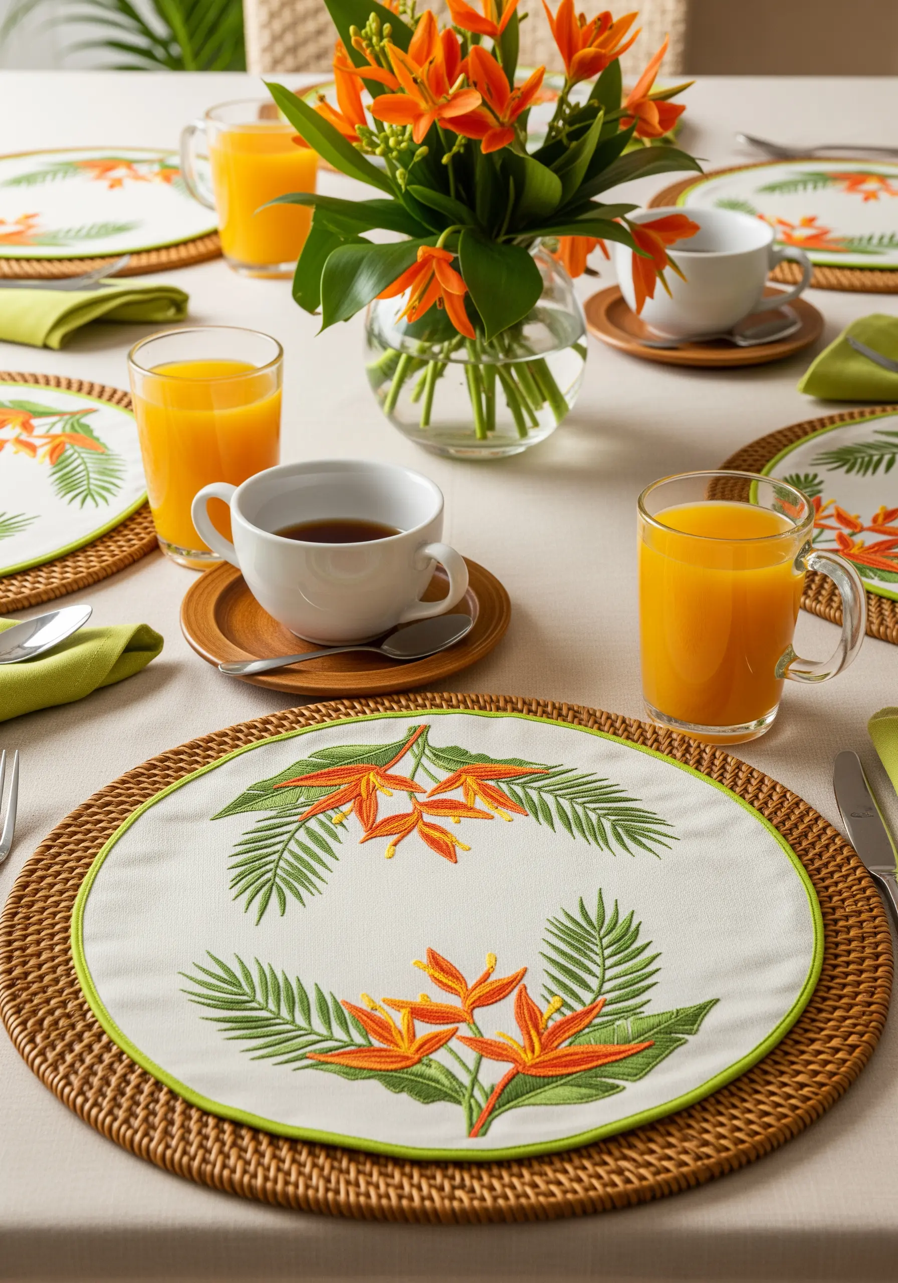 Symmetrically embroidered placemat with Heliconia flowers and palm leaves framing the center.
