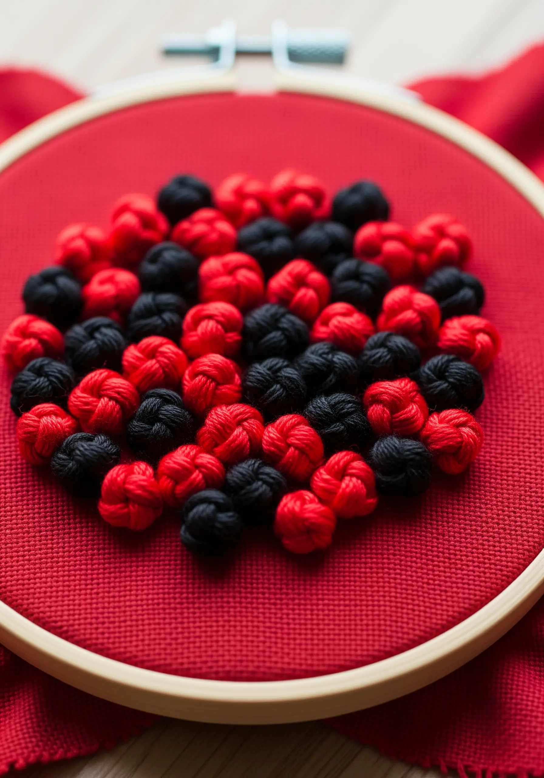 A dense cluster of red and black colonial knots on a bright red fabric background.