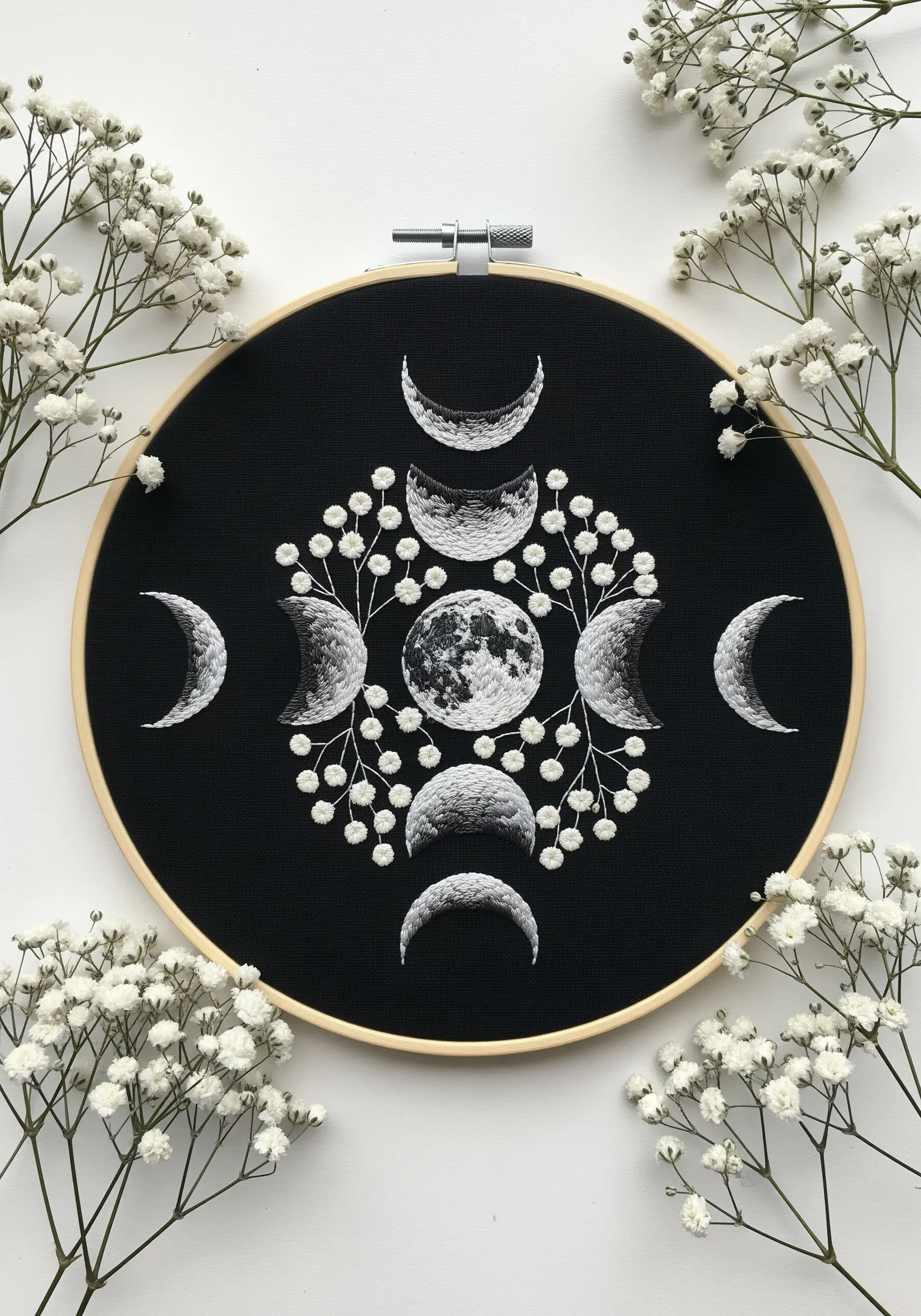 Moon phases embroidered with white thread on black fabric, using French knots for texture.
