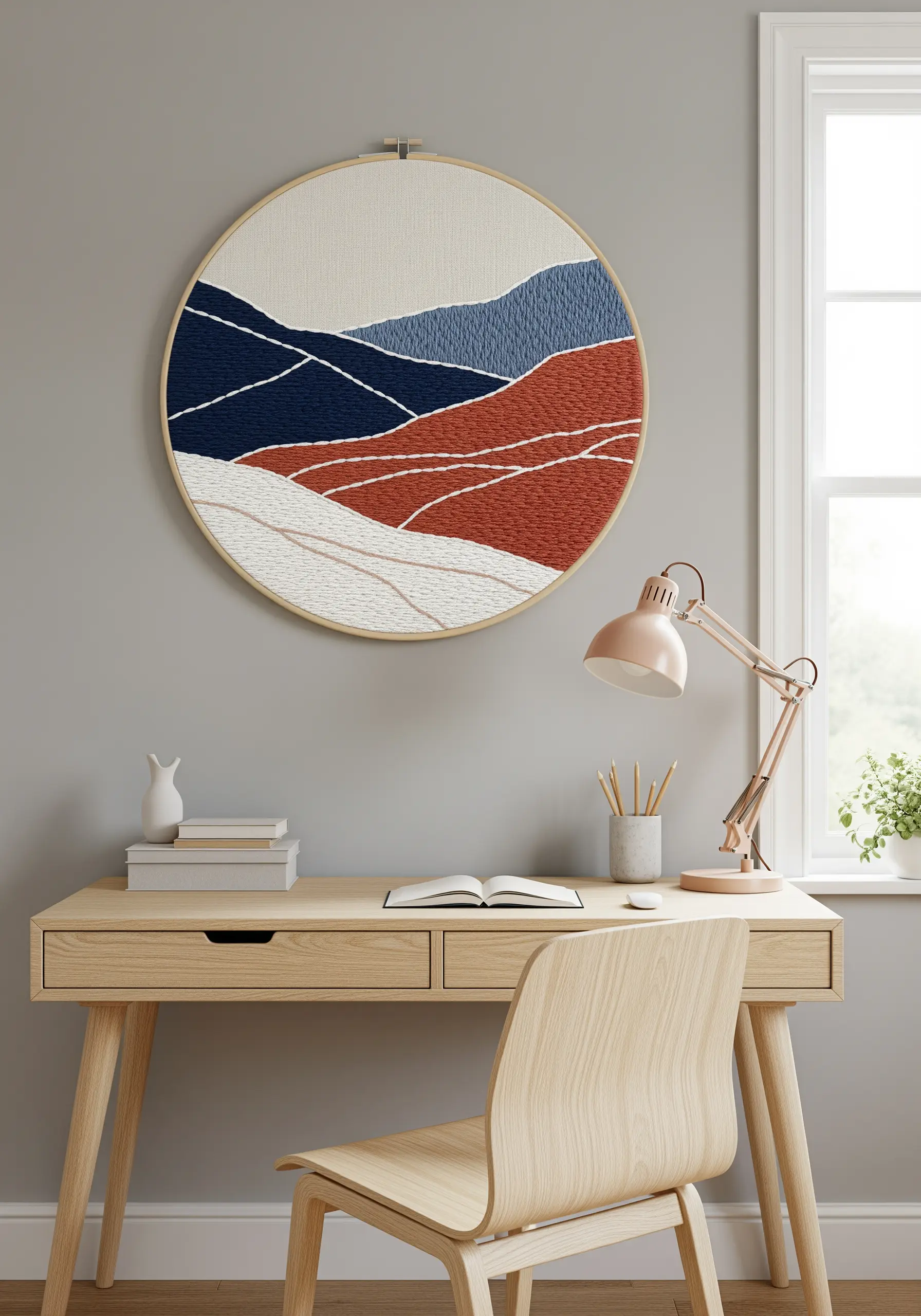 Large embroidery hoop with an abstract landscape in navy, rust, and cream.