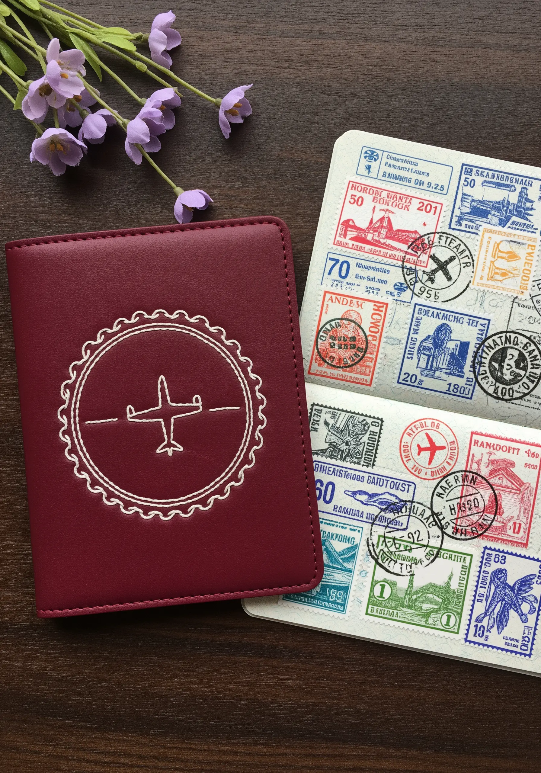A white airplane icon inside a scalloped circular border, stitched on a burgundy passport cover.