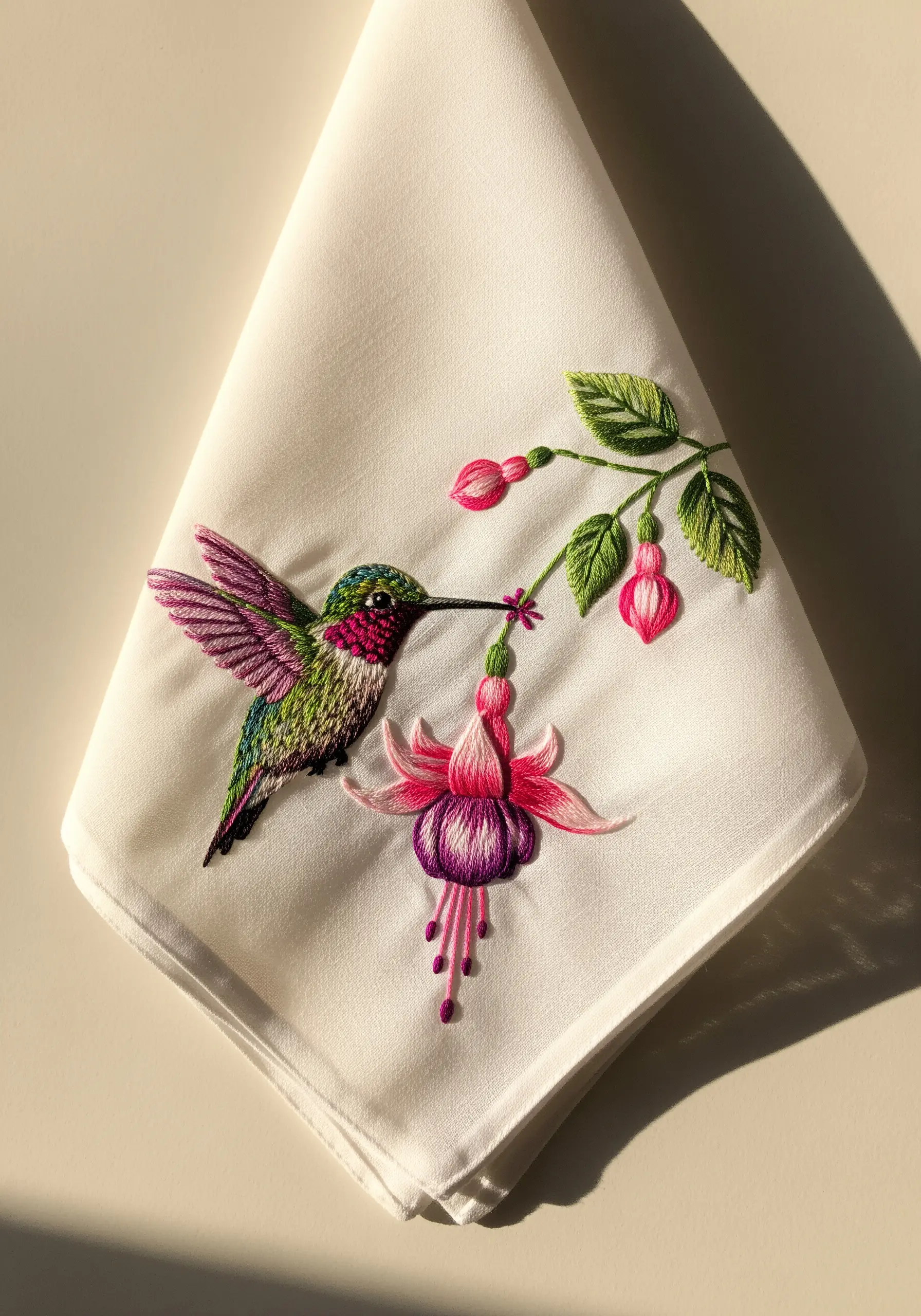 Embroidered hummingbird sipping from a pink and purple fuchsia flower.