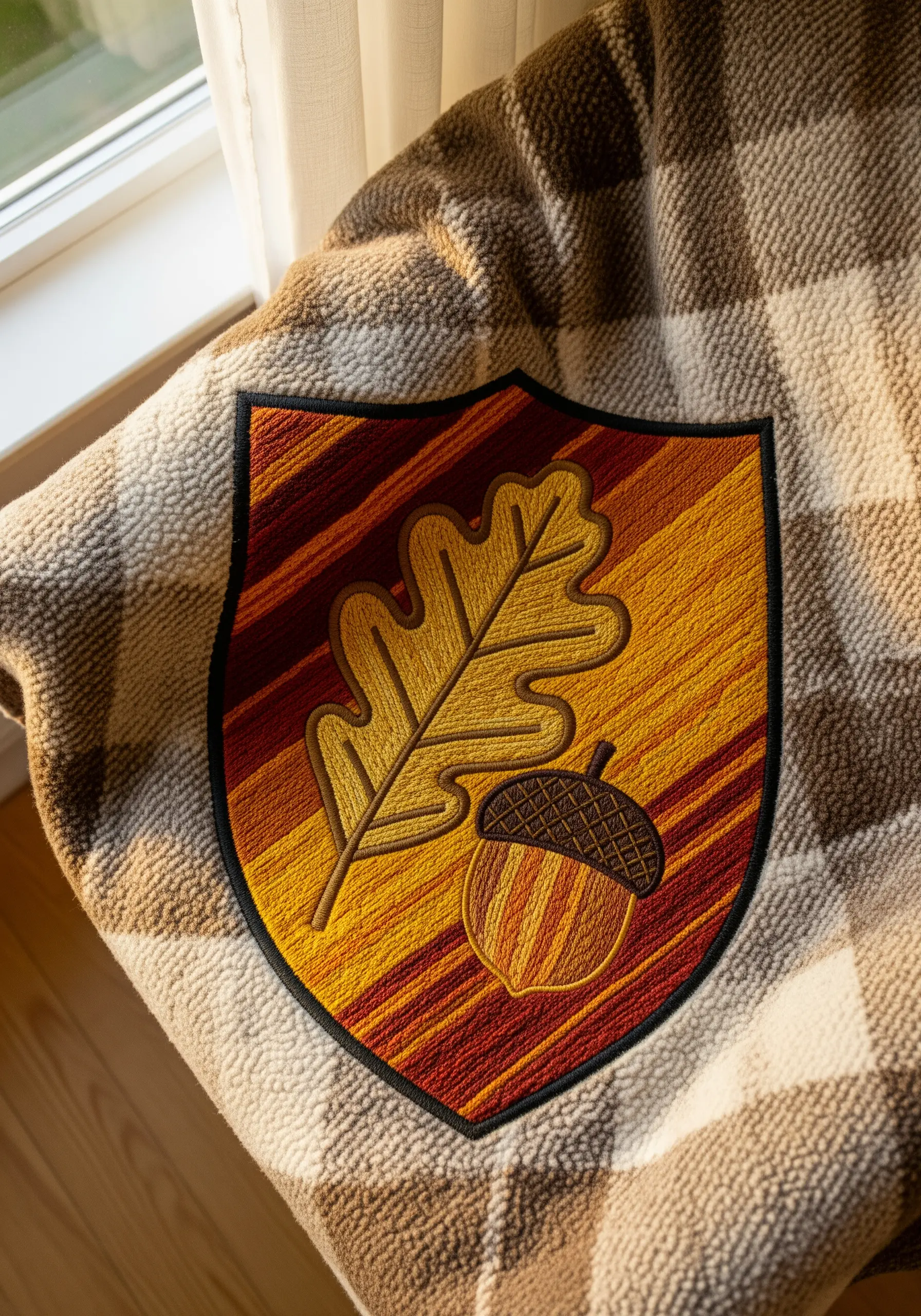 An embroidered crest patch with an oak leaf and acorn on a striped background.