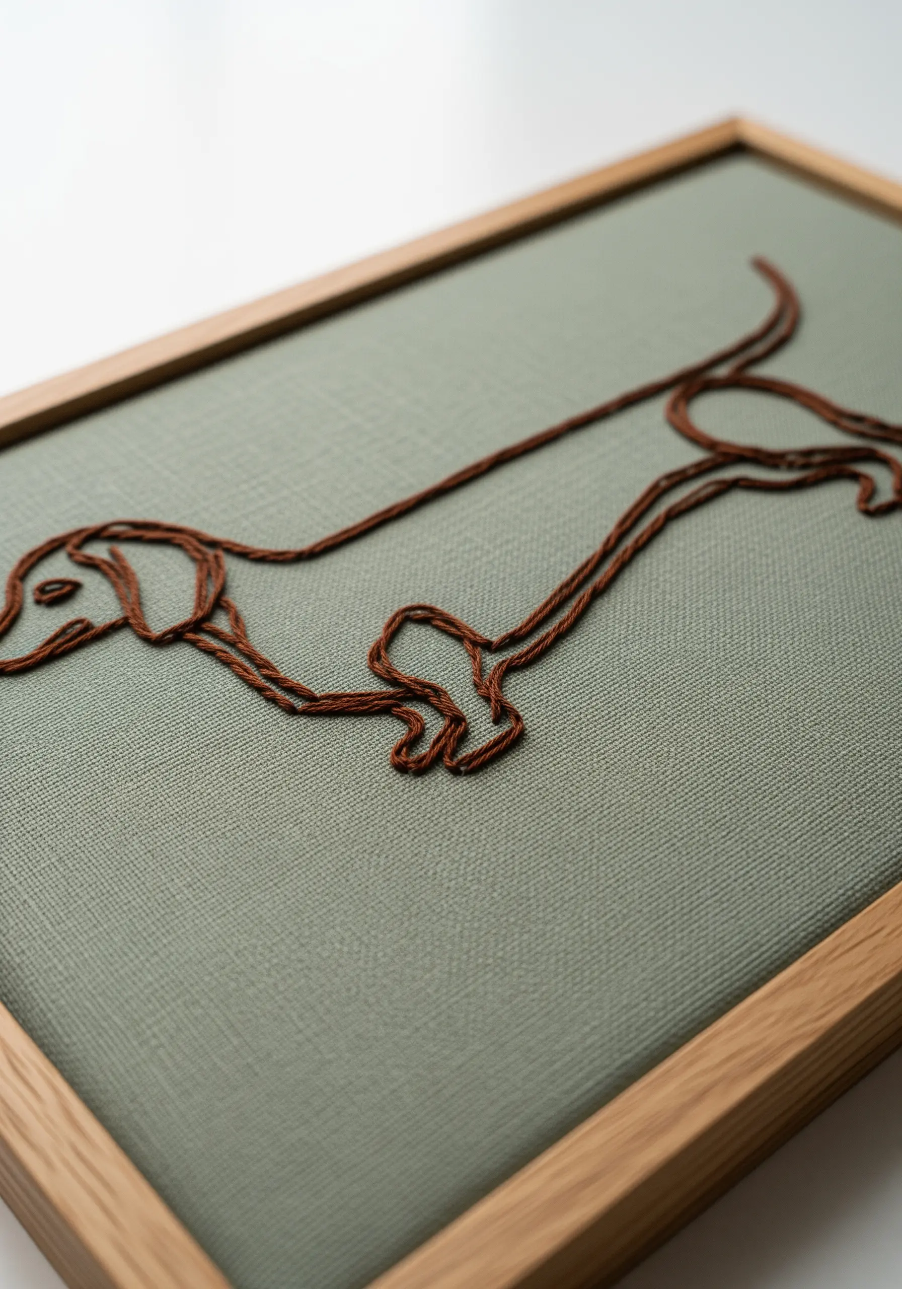 Raised line art embroidery of a dachshund in a light wood frame.