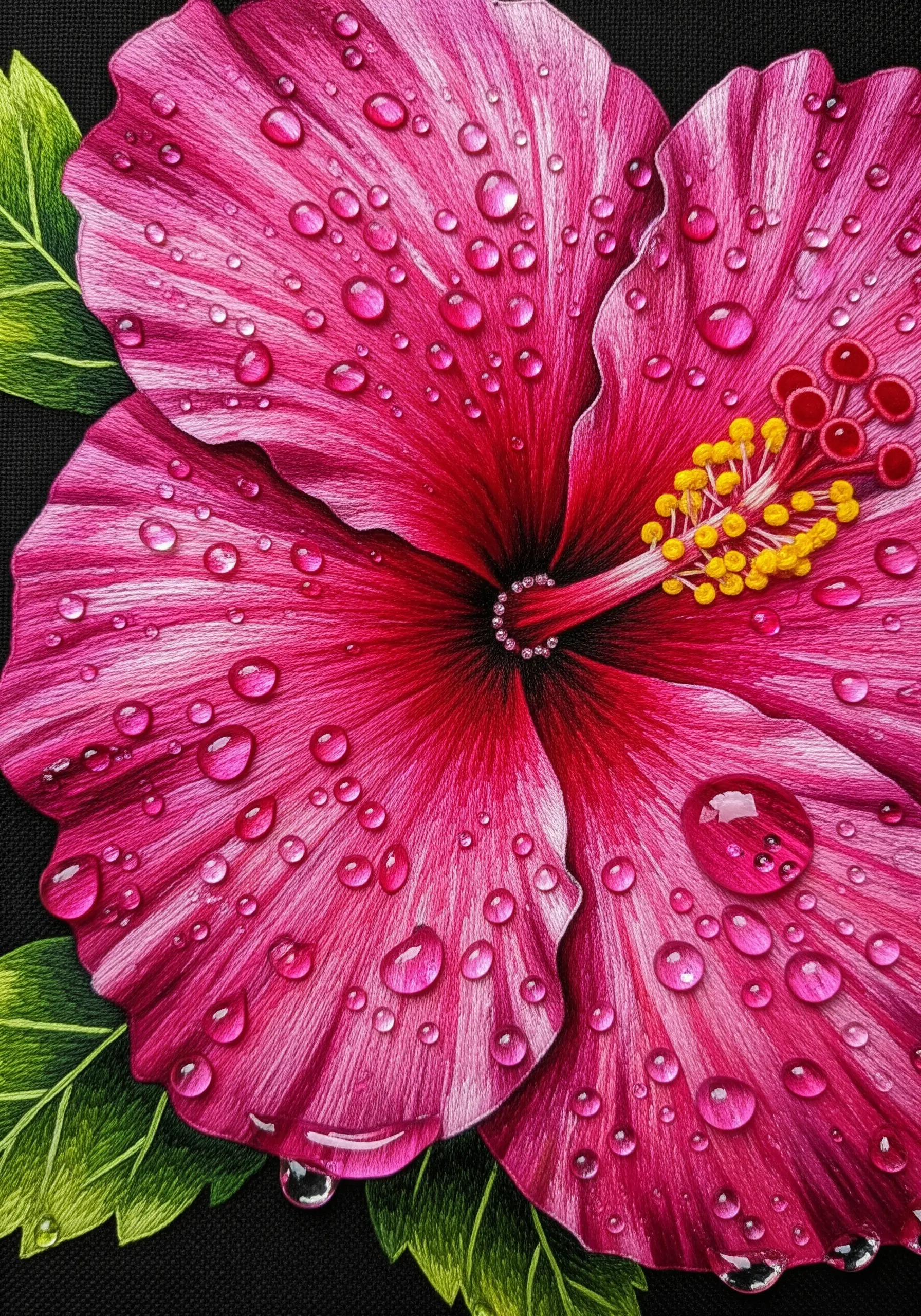 A vibrant pink hibiscus flower with beaded dew drops and white thread highlights.