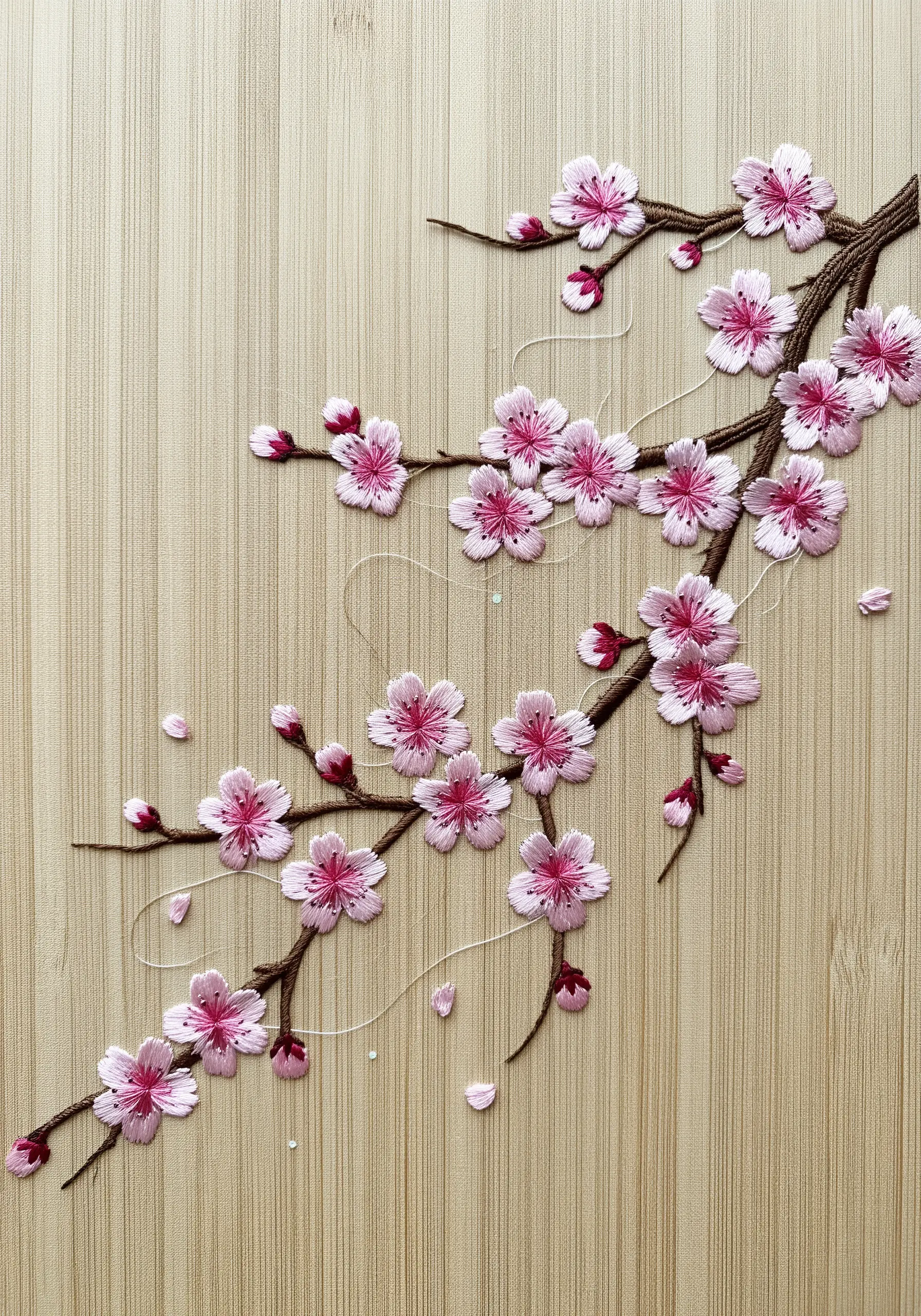 Delicate cherry blossom branches embroidered on a light wood-grain patterned fabric.