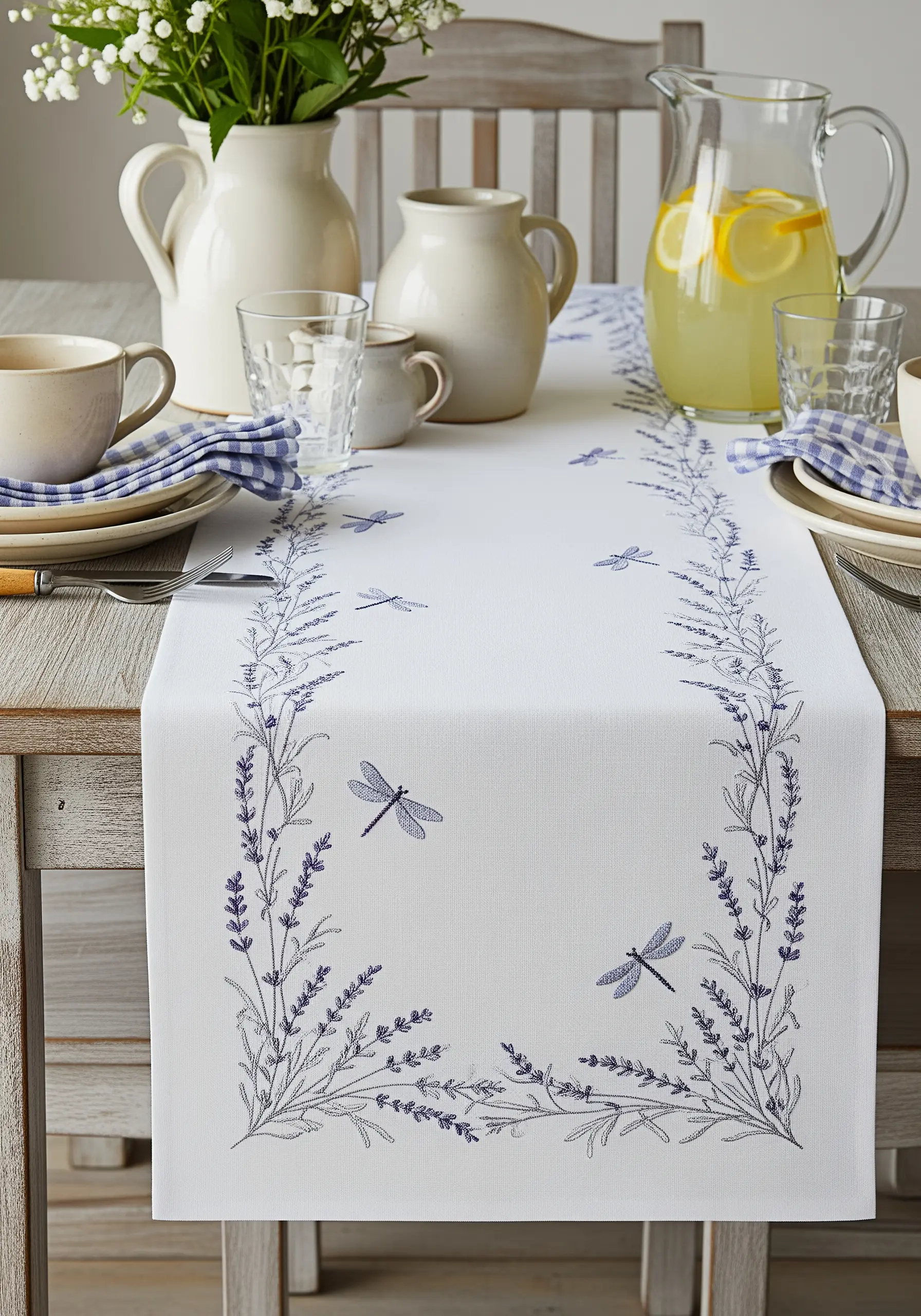 Delicate lavender and dragonfly embroidery in purple and grey on a white table runner.
