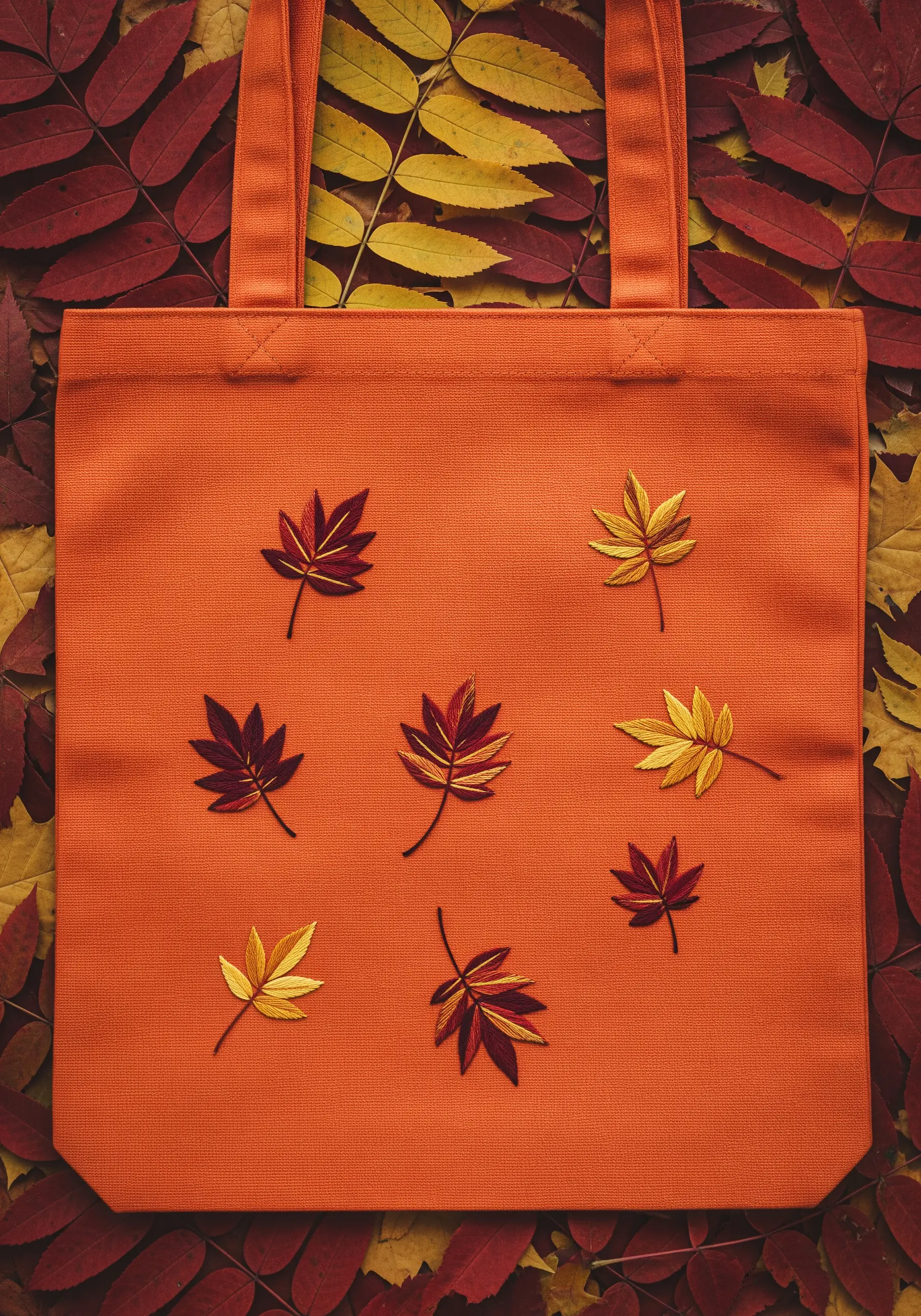 Small, scattered autumn leaves in red and yellow embroidered on an orange tote bag.