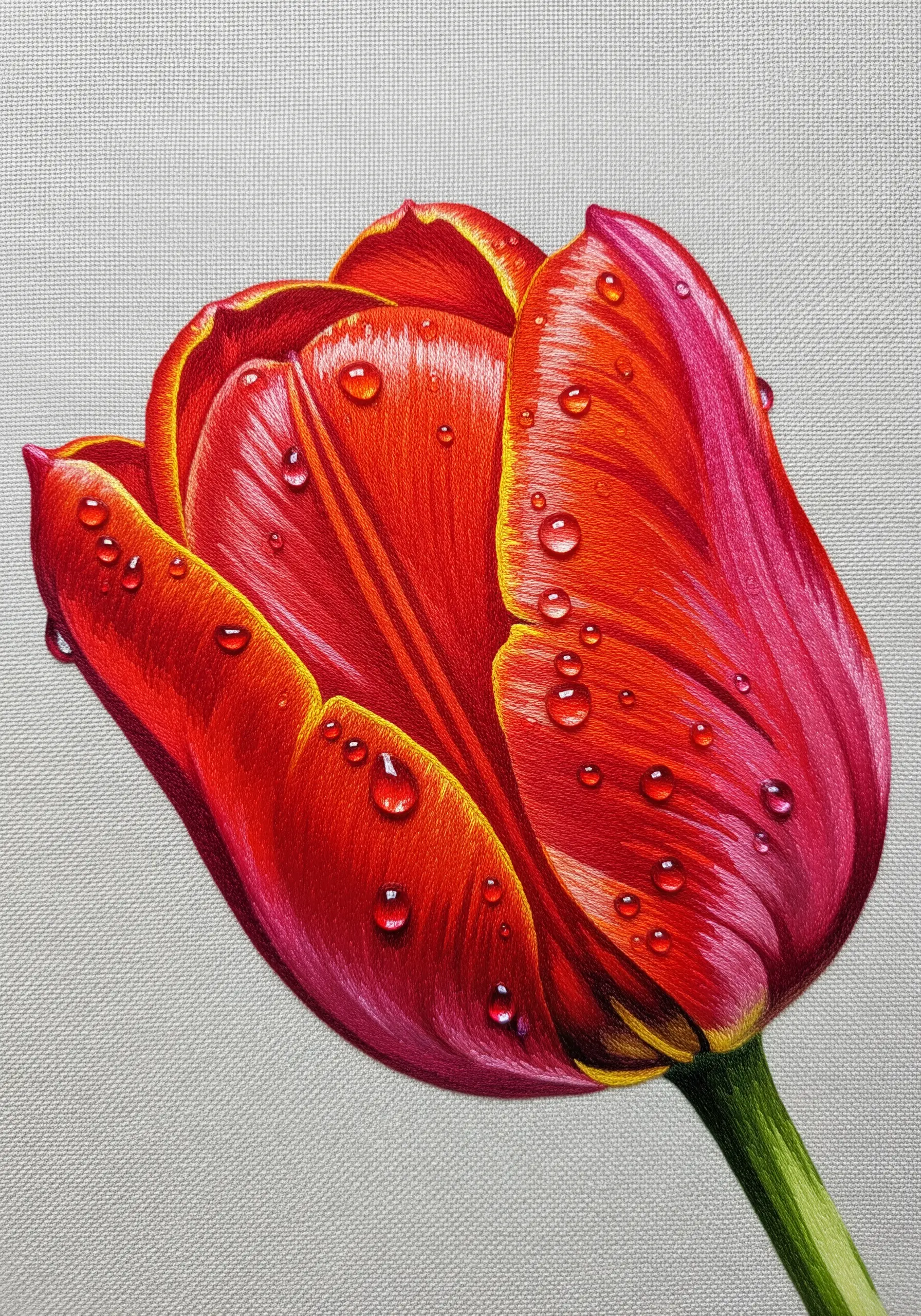 A hyper-realistic red tulip with yellow and pink highlights and shimmering edges.