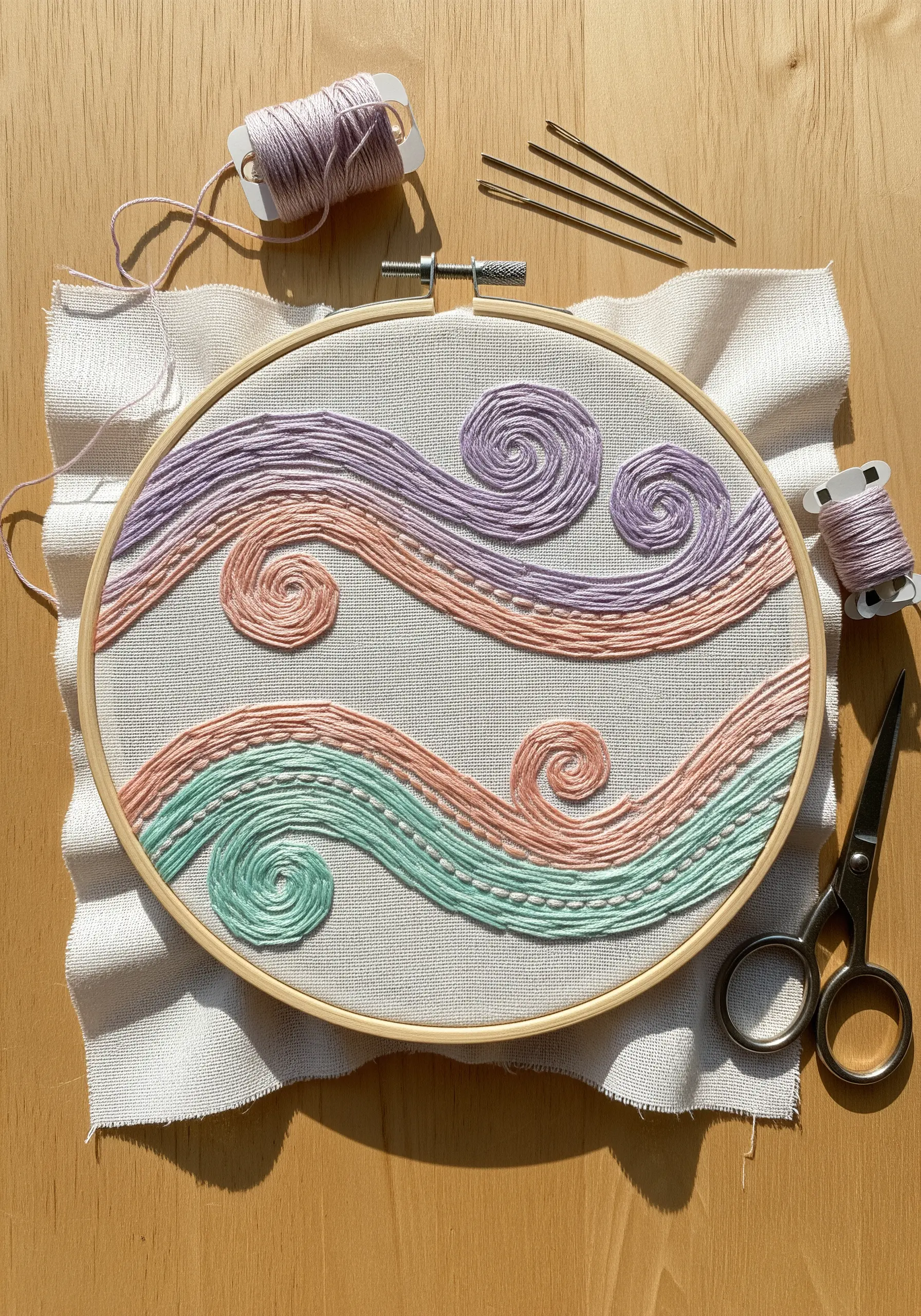 Pastel waves in whipped backstitch on neutral linen fabric in a hoop.