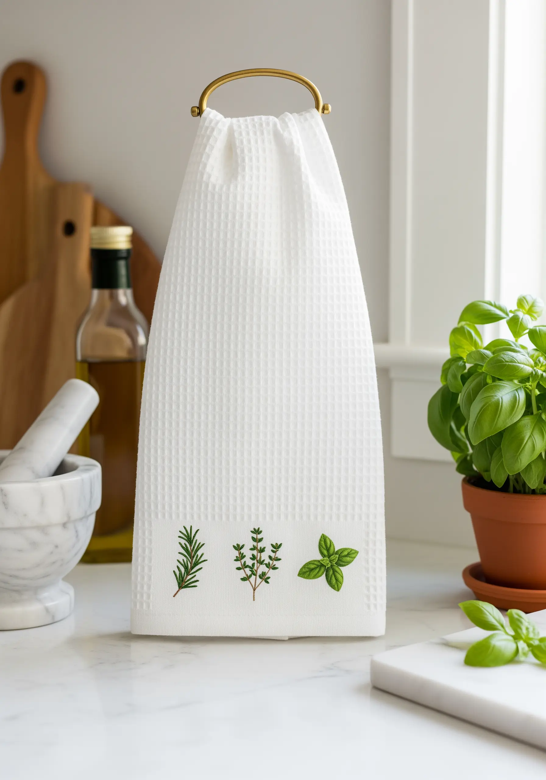 Three embroidered herbs—rosemary, thyme, and basil—on a white waffle-weave kitchen towel.