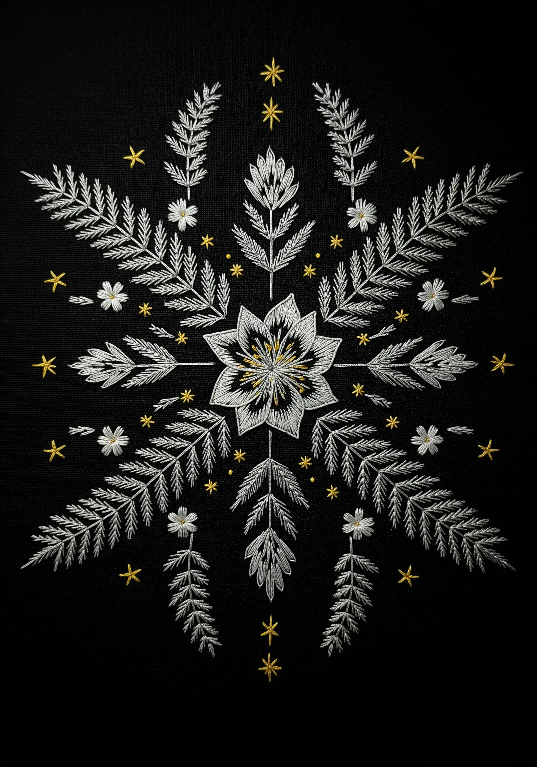 A detailed white and gold embroidered snowflake on a black fabric background.