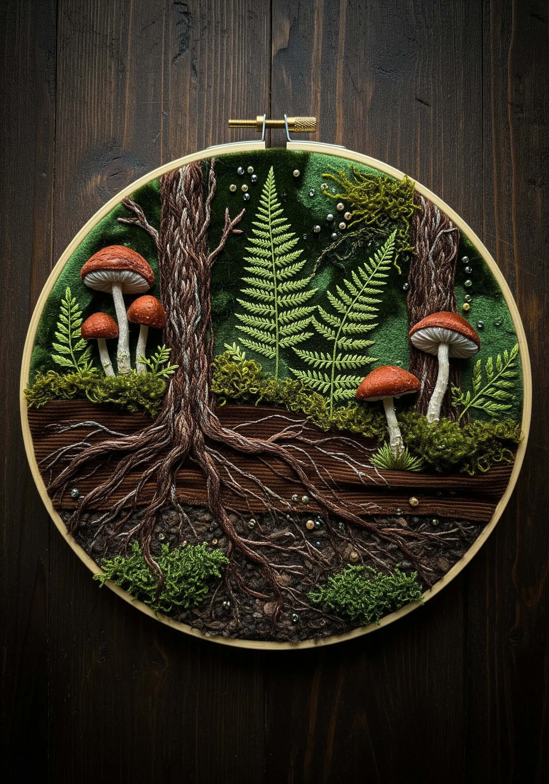 Embroidery hoop with a 3D forest scene featuring raised mushrooms, moss, and textured tree roots.