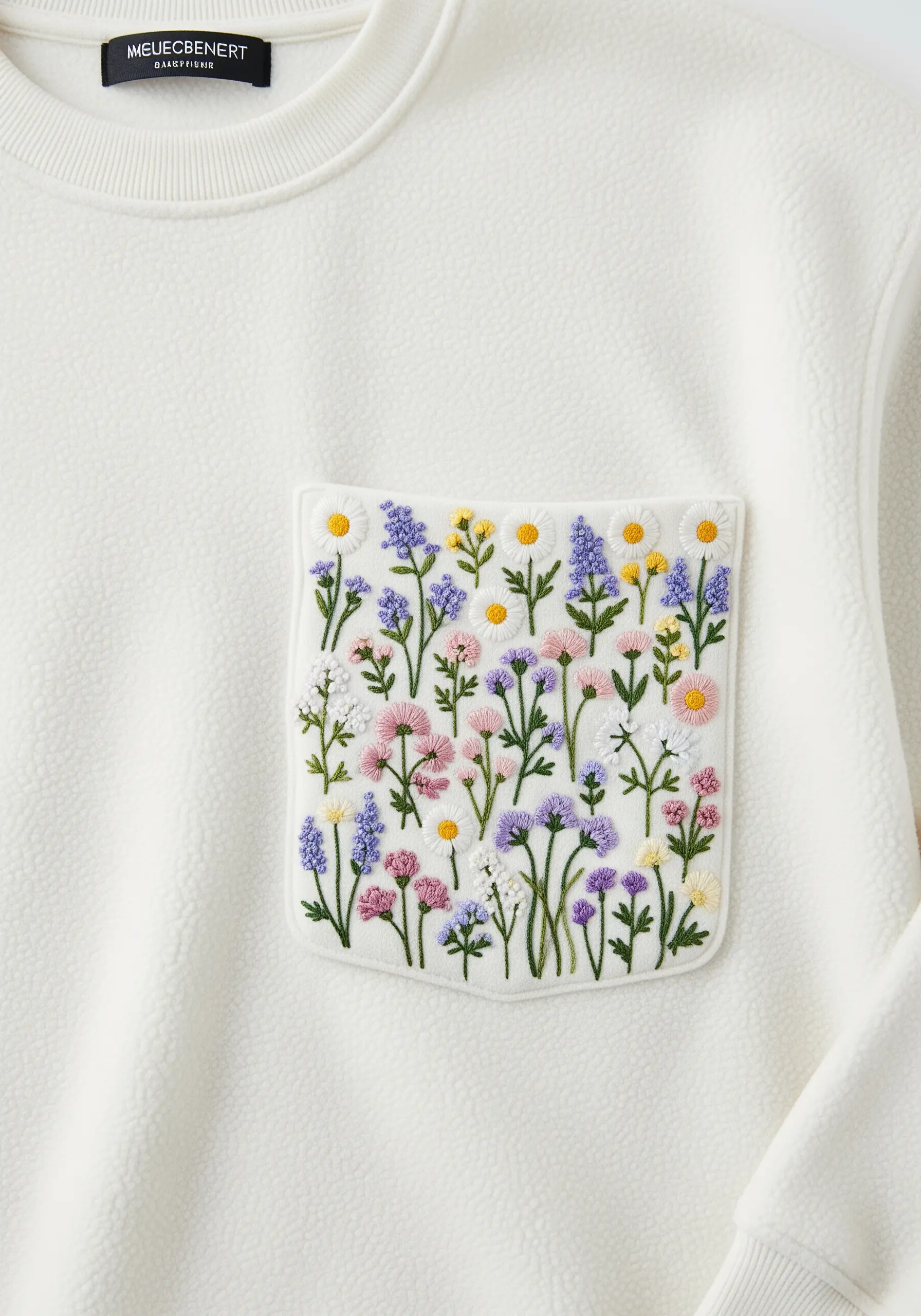 A fleece sweater pocket filled with a dense embroidery of colorful wildflowers.