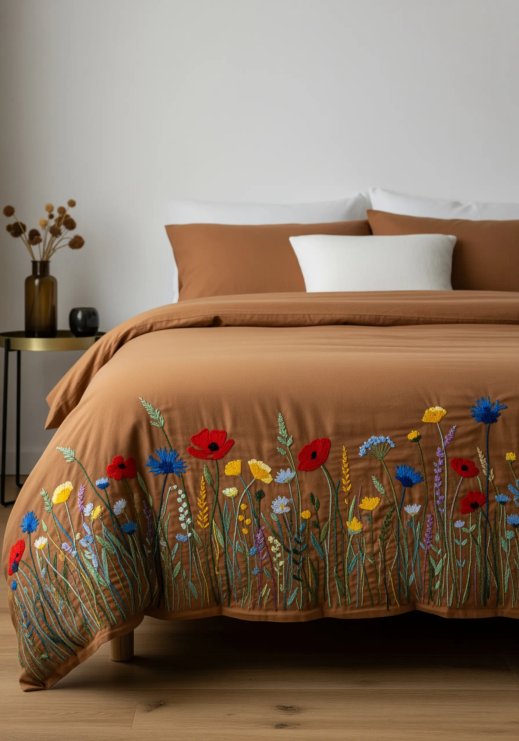 The bottom edge of a terracotta-colored duvet cover is densely embroidered with colorful wildflowers.
