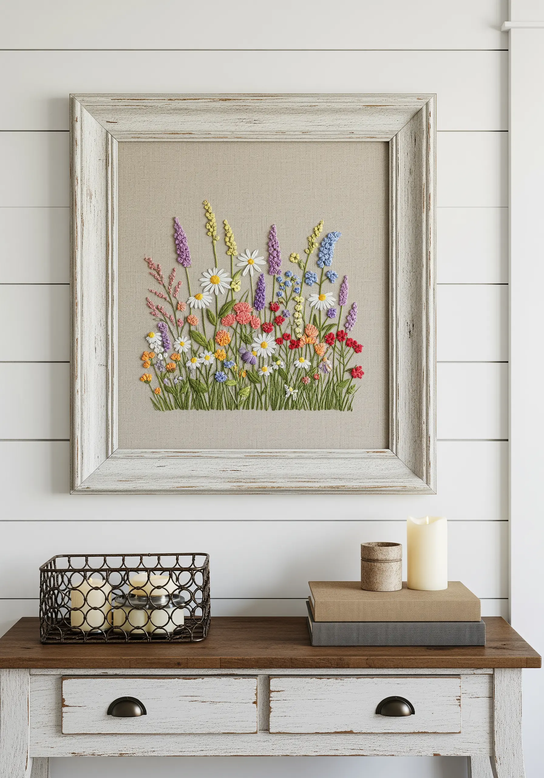 A framed embroidery of a colorful wildflower meadow on a neutral linen background.