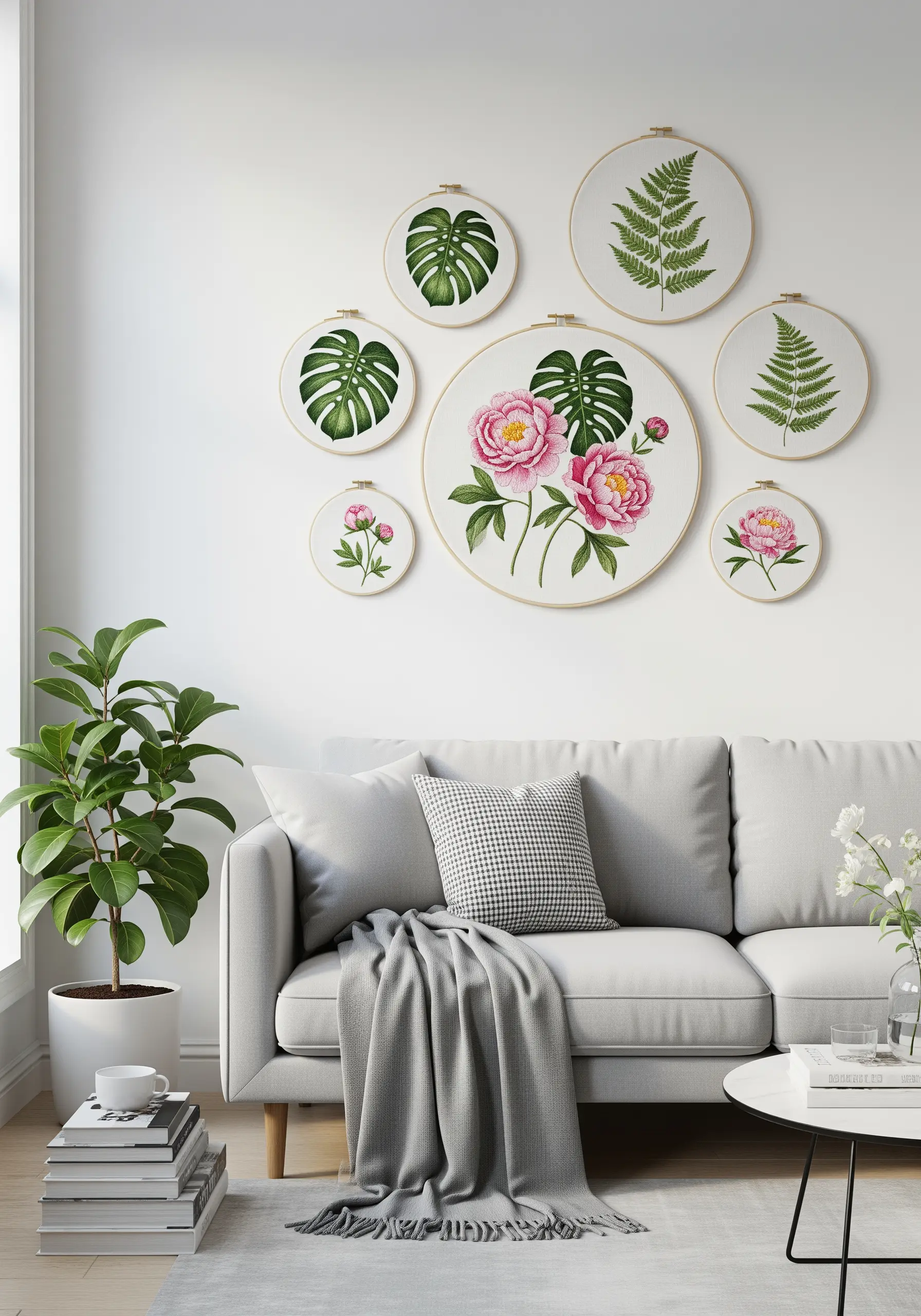 A gallery wall of embroidered hoops featuring pink peonies and green monstera leaves.
