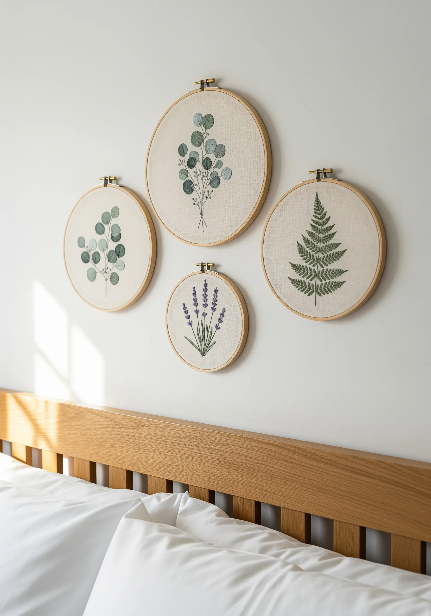 A gallery wall of four embroidery hoops with botanical designs: eucalyptus, lavender, and fern.