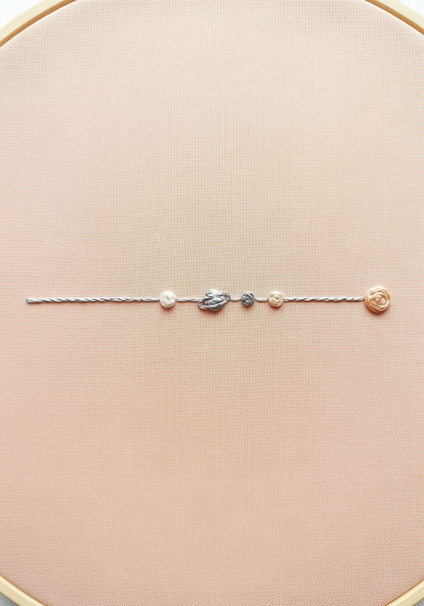 A horizontal sampler line of decorative stitches including woven wheels and star stitches.