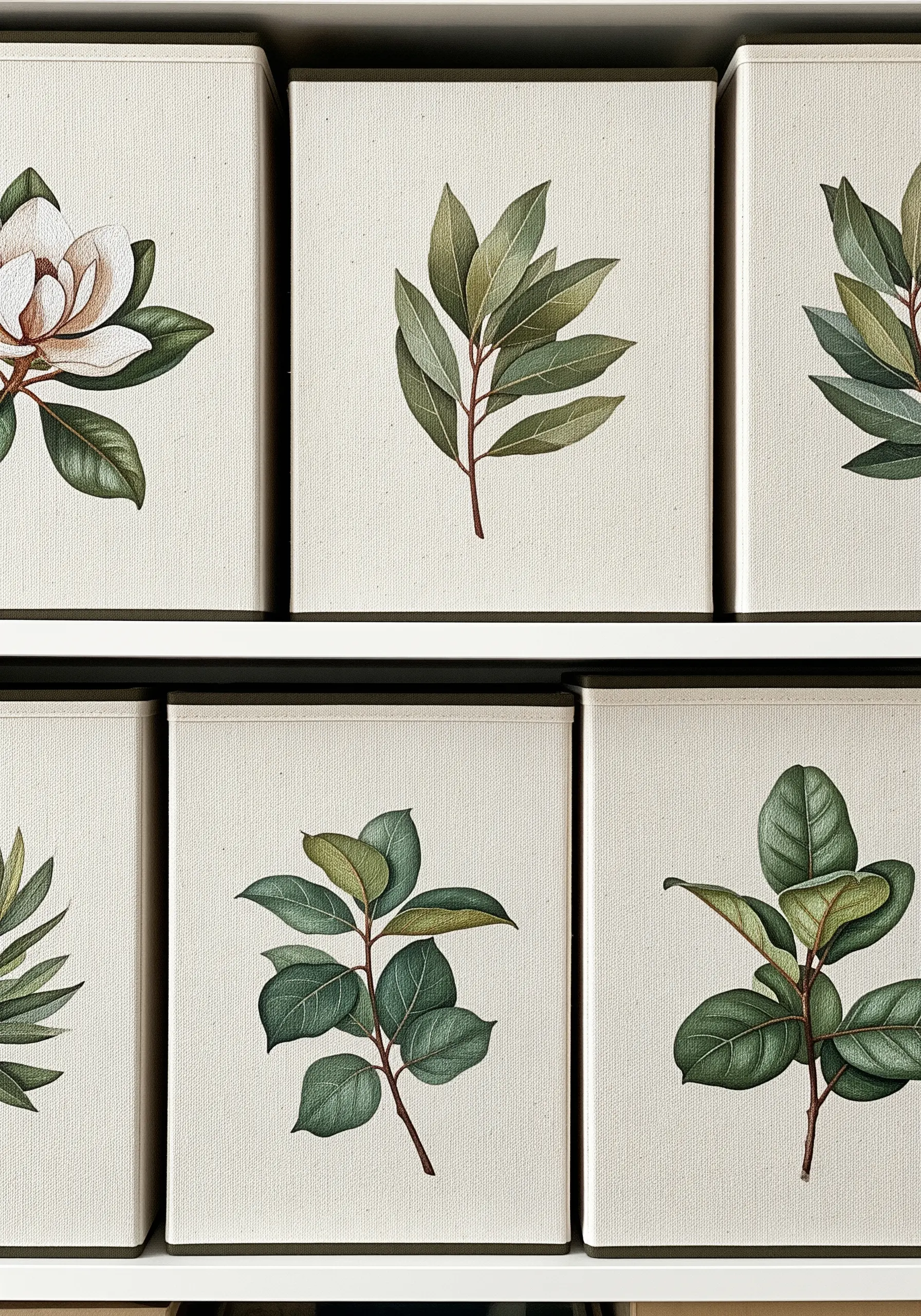 A set of canvas storage boxes, each embroidered with a different, elegant leaf specimen.