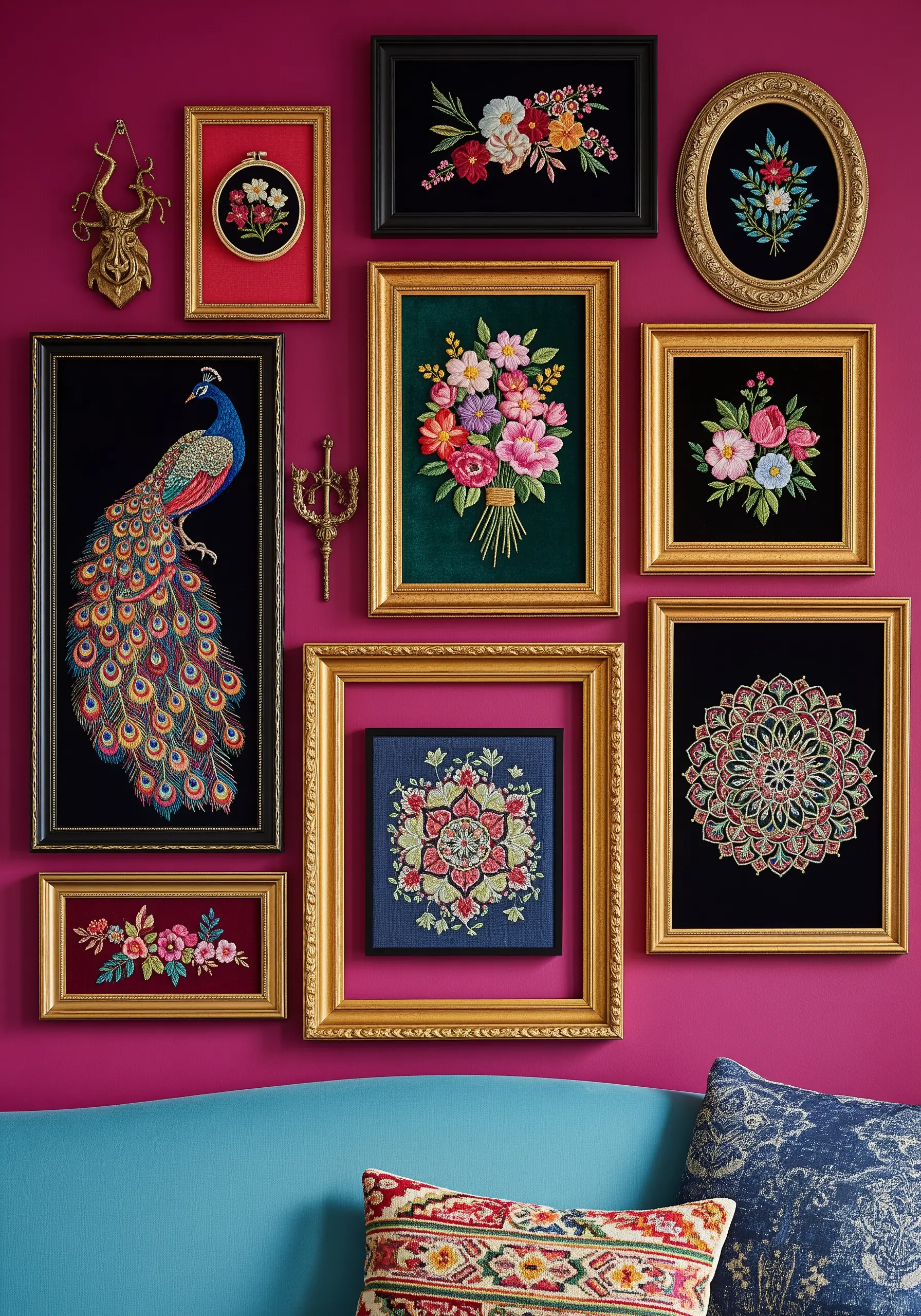 A gallery wall of floral and peacock embroidery pieces in ornate gold frames on a magenta wall.