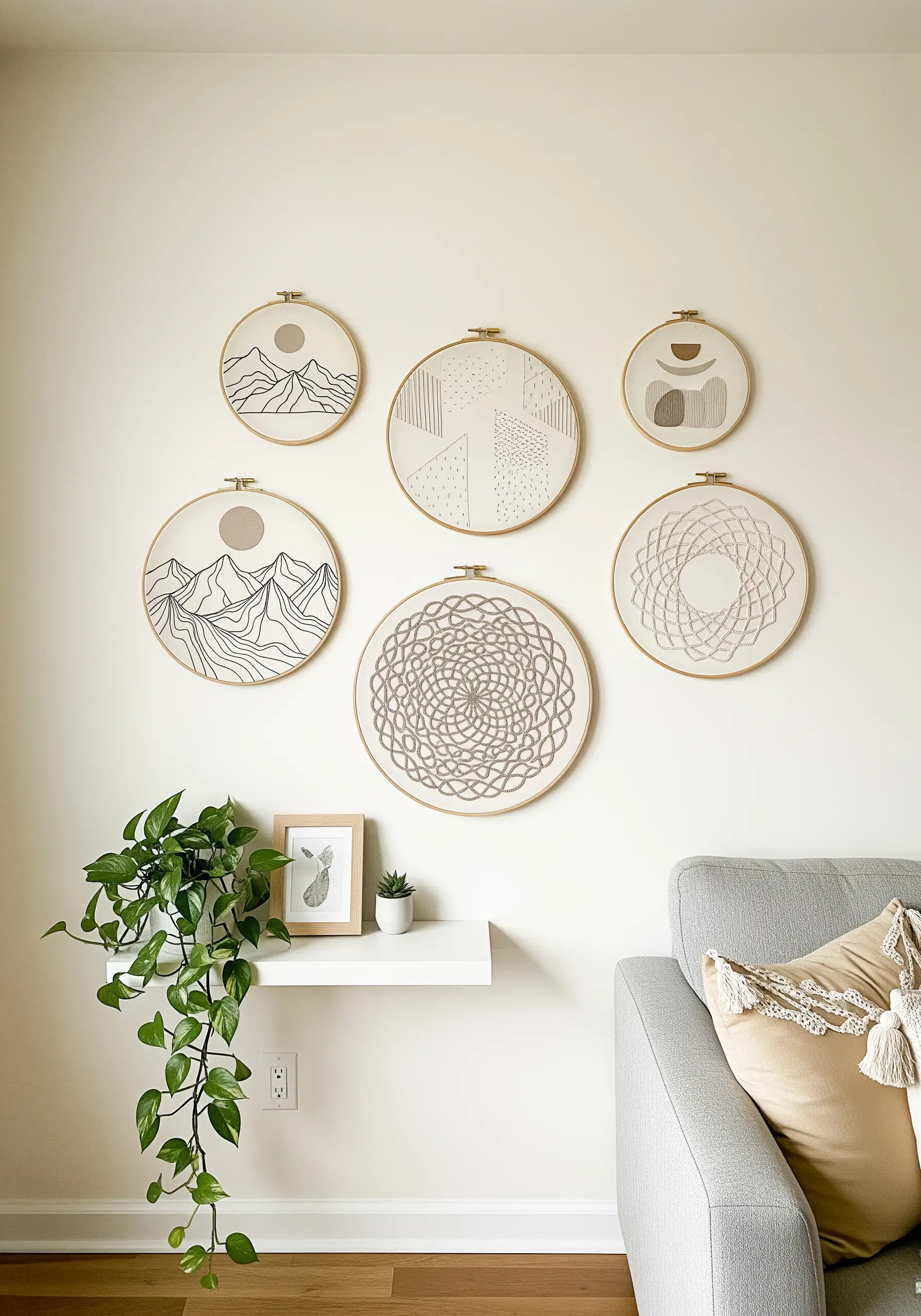A gallery wall of six embroidery hoops with coordinated minimalist and geometric designs.