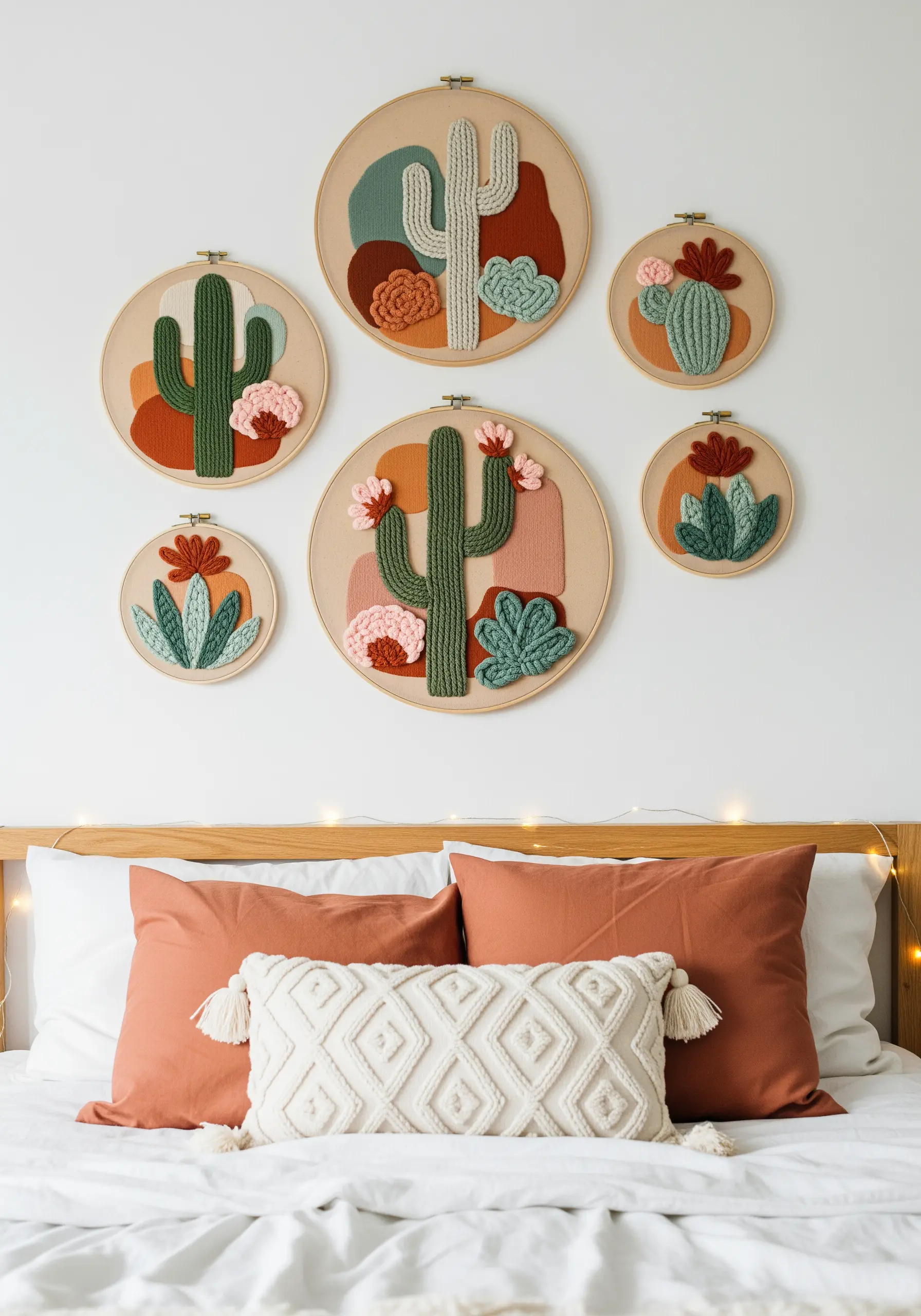 A gallery wall of six embroidery hoops with stylized cacti and succulents