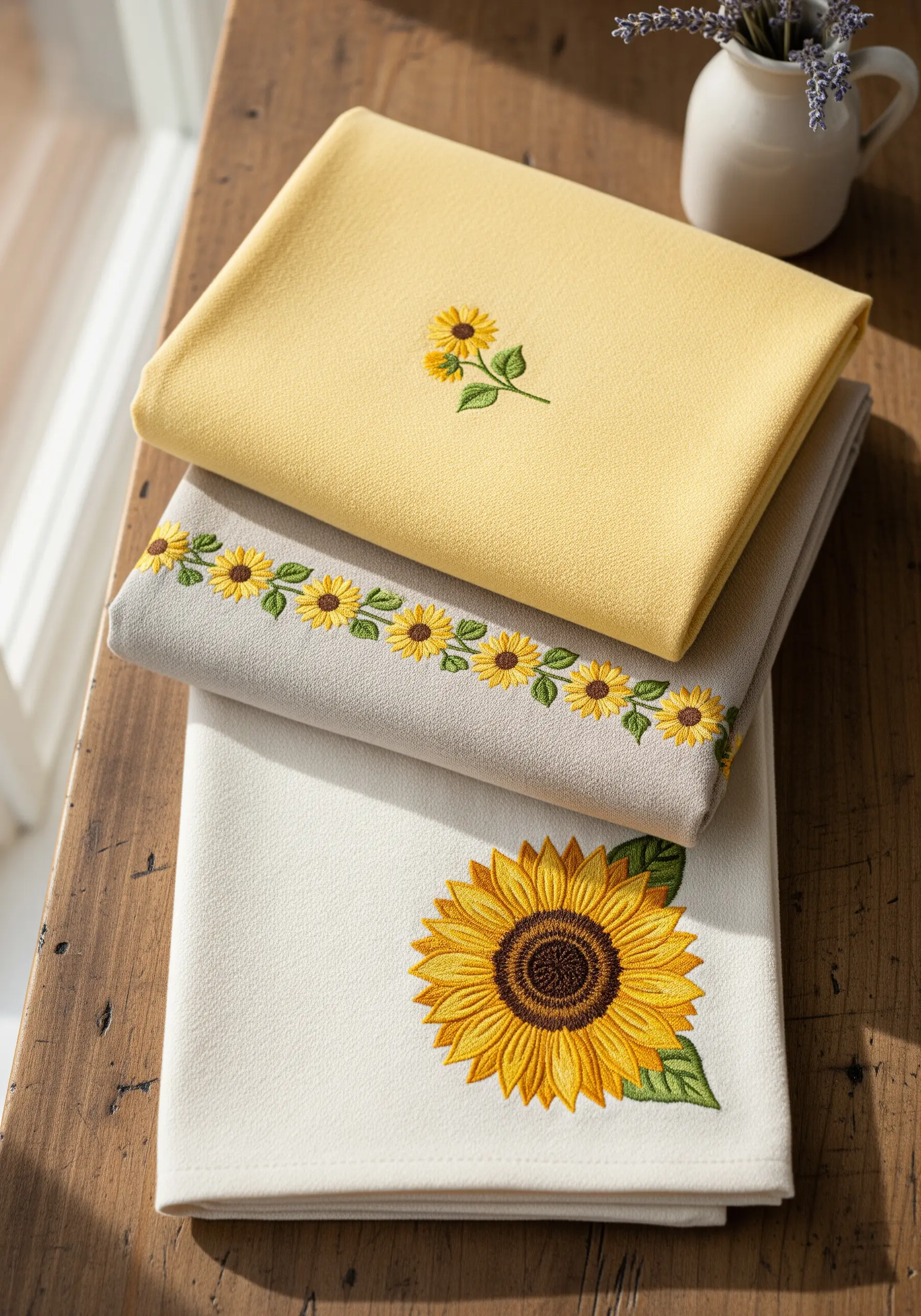Three kitchen towels with different sunflower embroidery designs: a large motif, a border, and a sprig