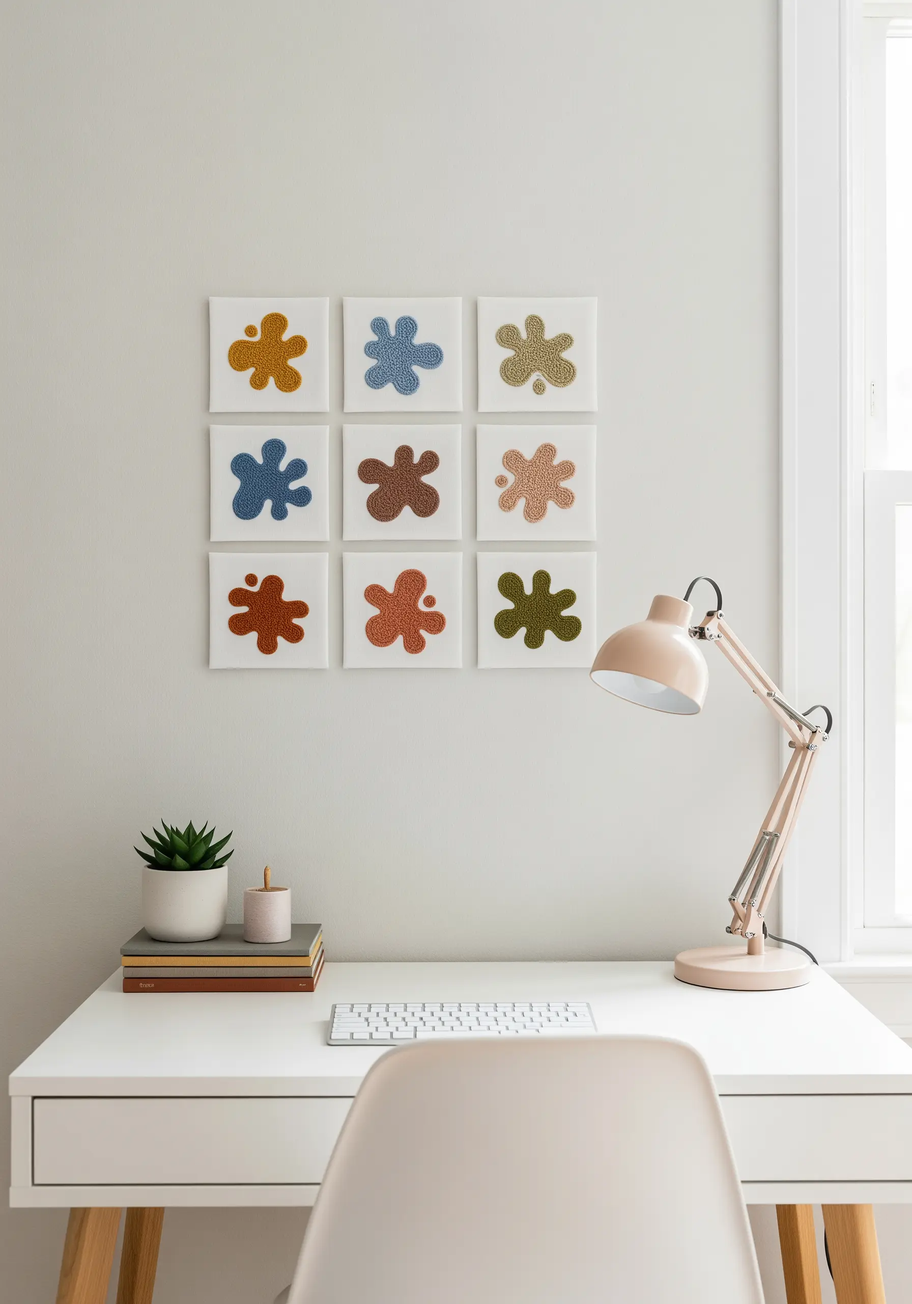 A nine-canvas grid on a wall, each featuring a simple, colorful, and textural abstract shape.
