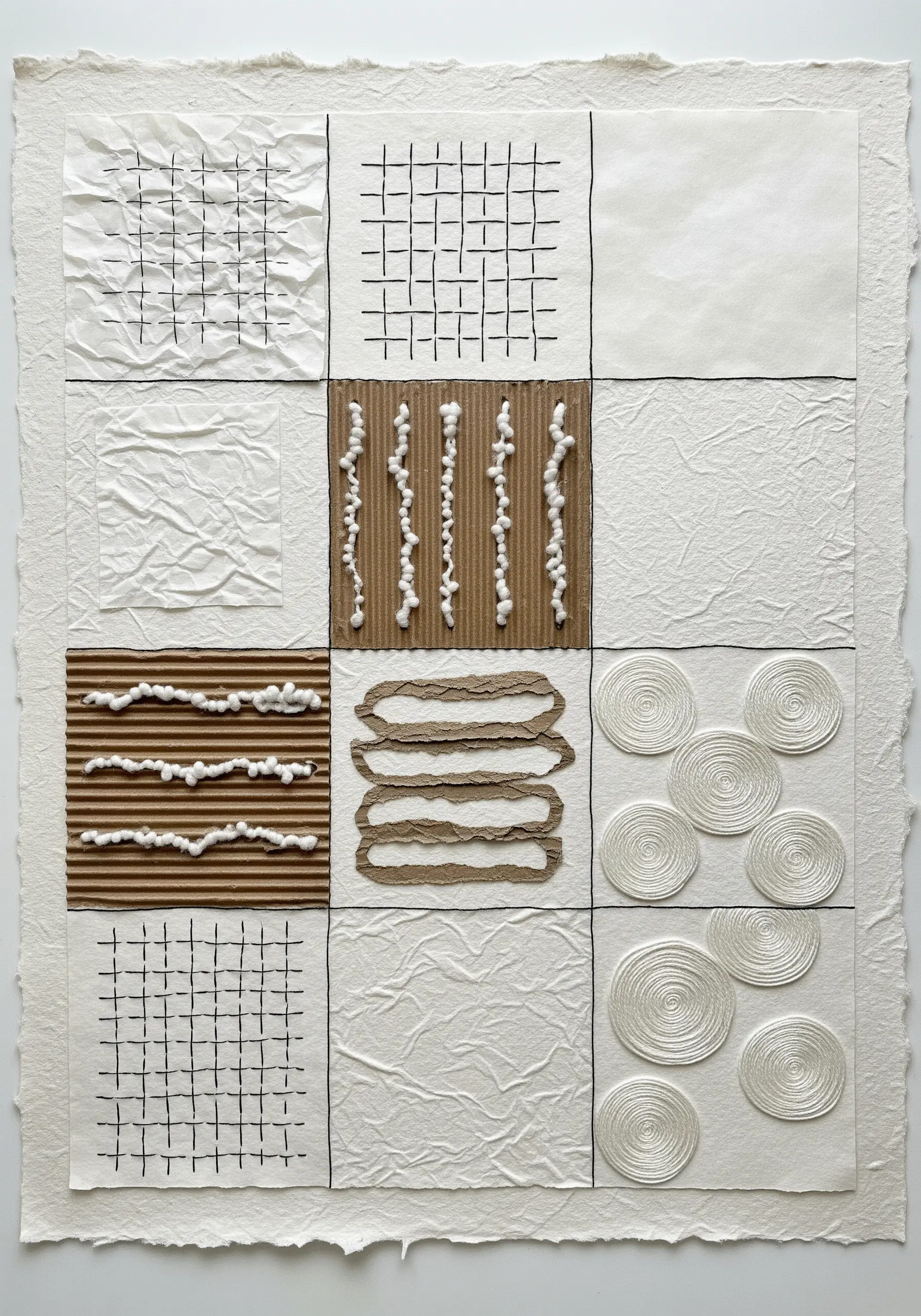 A nine-grid sampler on handmade paper exploring stitches on cardboard, crumpled paper, and fabric.