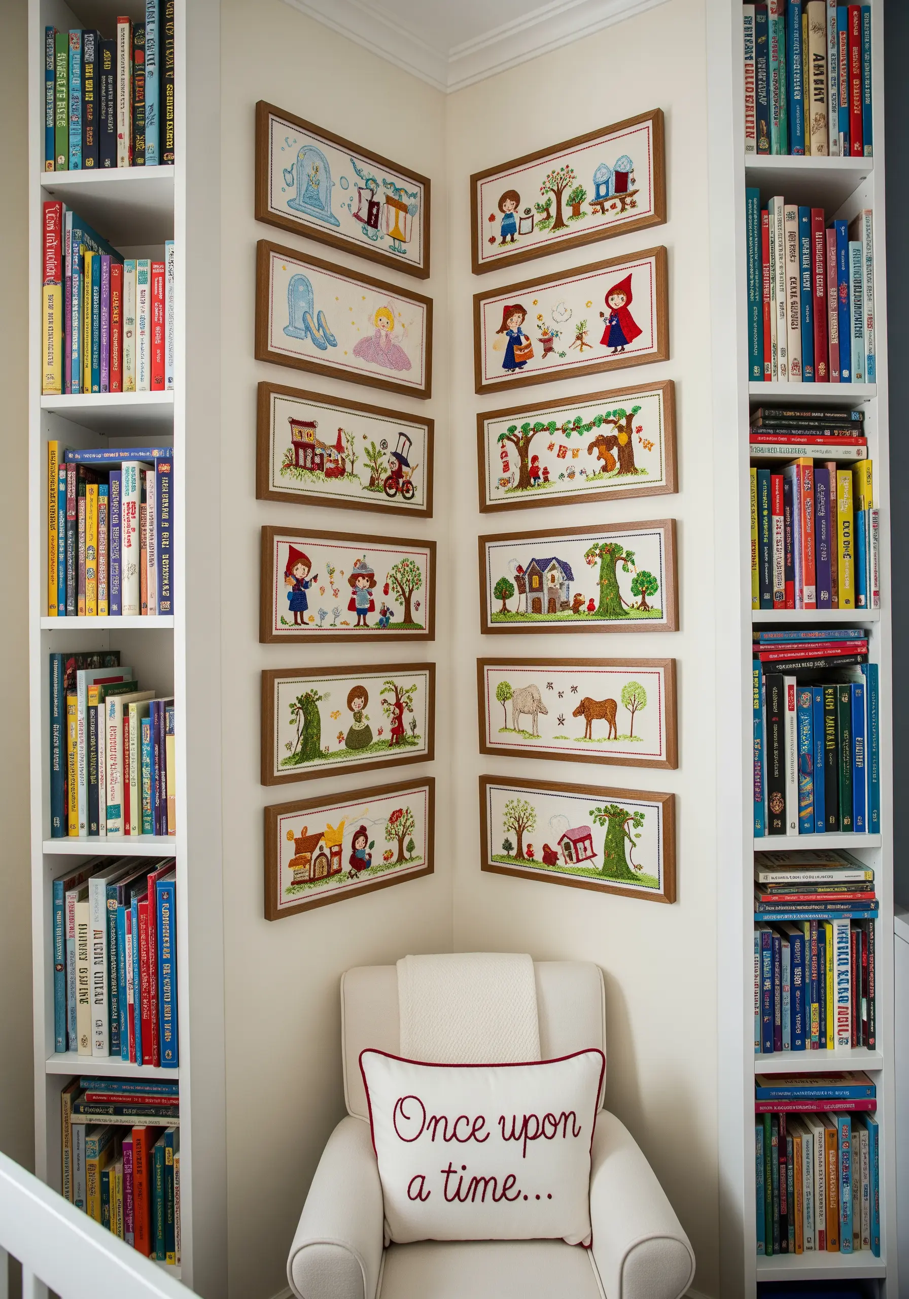 A gallery wall of multiple framed embroidery pieces depicting fairytale scenes.